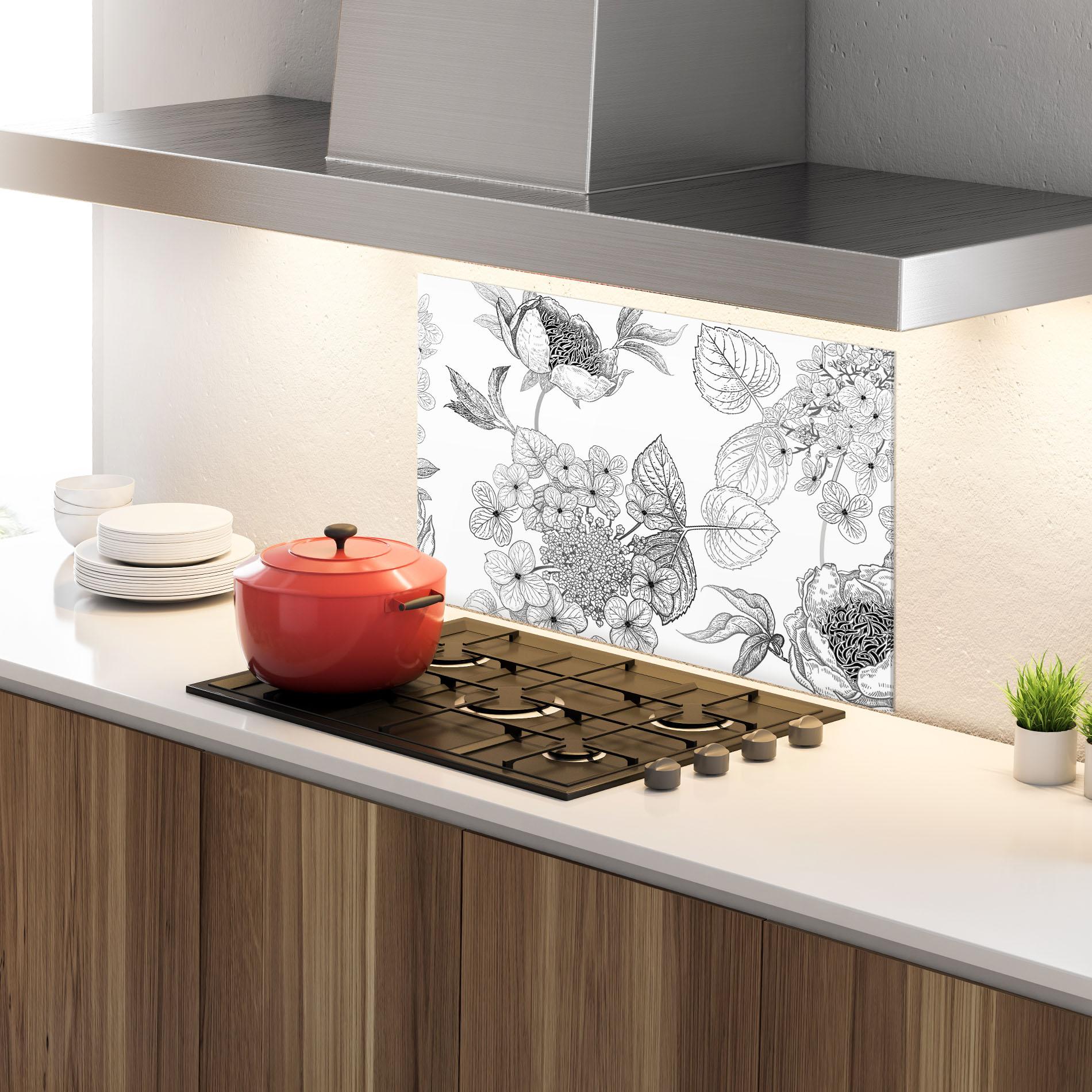 Küchenrückwand Glas Black Line Flower mockup 4