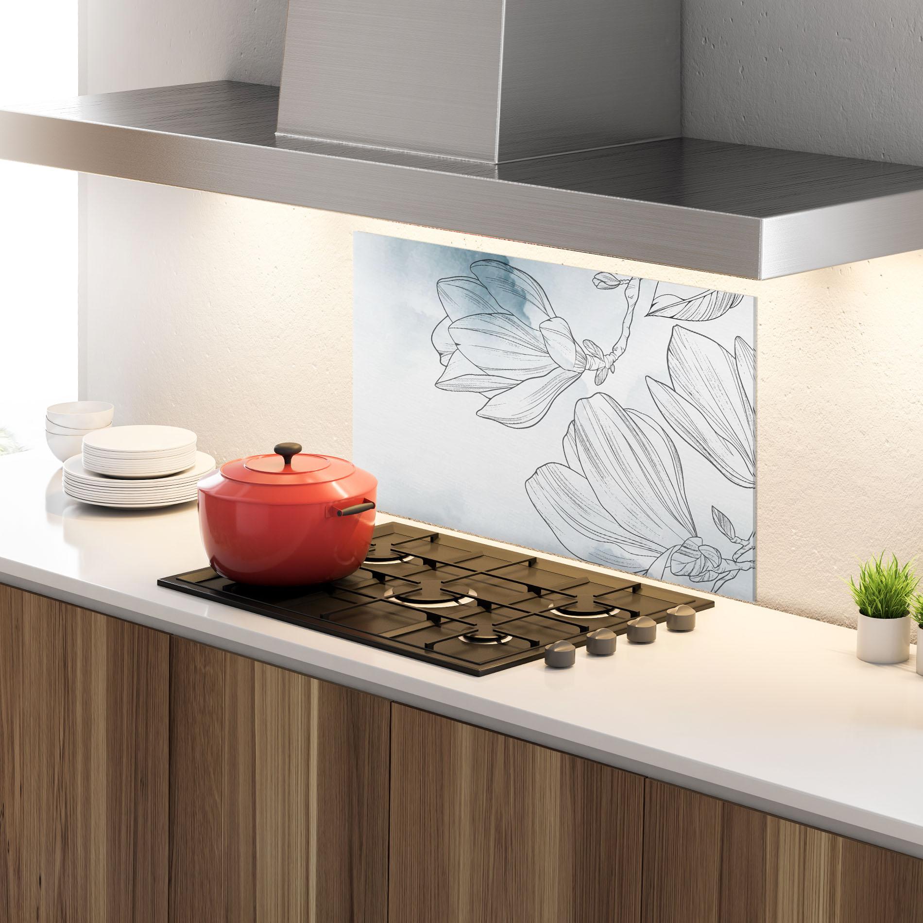 Küchenrückwand Glas Blue Line Flower mockup 4
