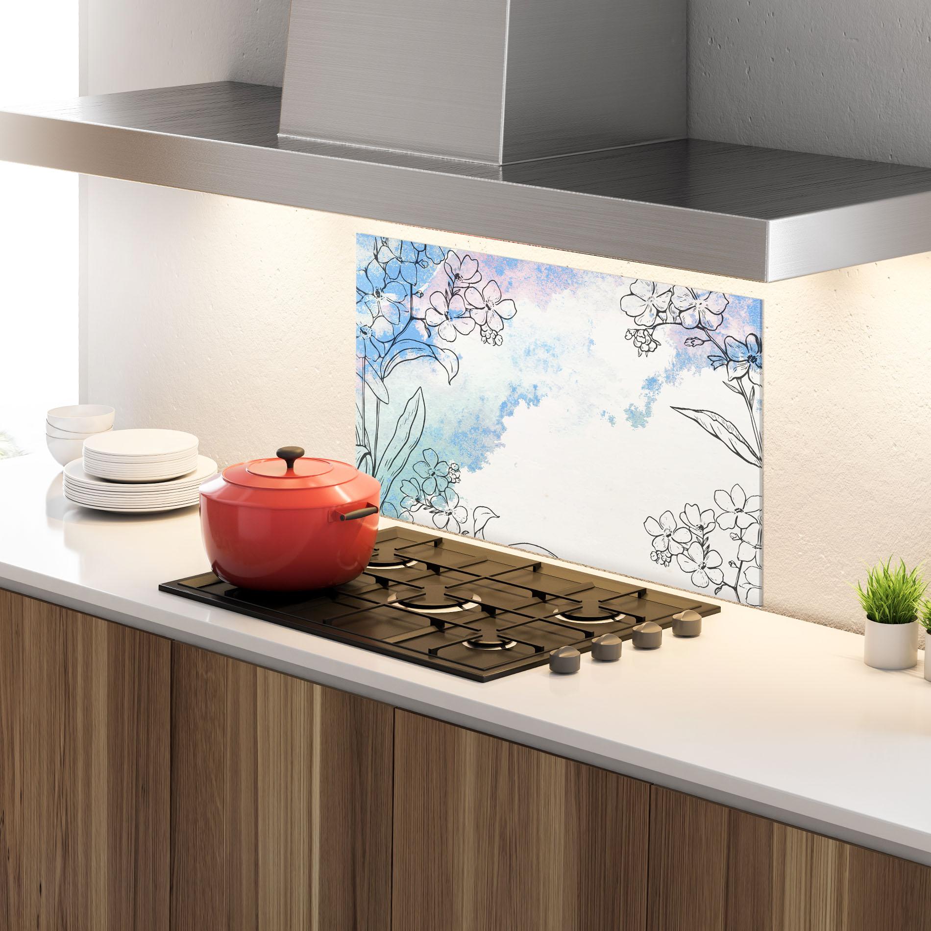Küchenrückwand Glas Blue Watercolor Flower mockup 4