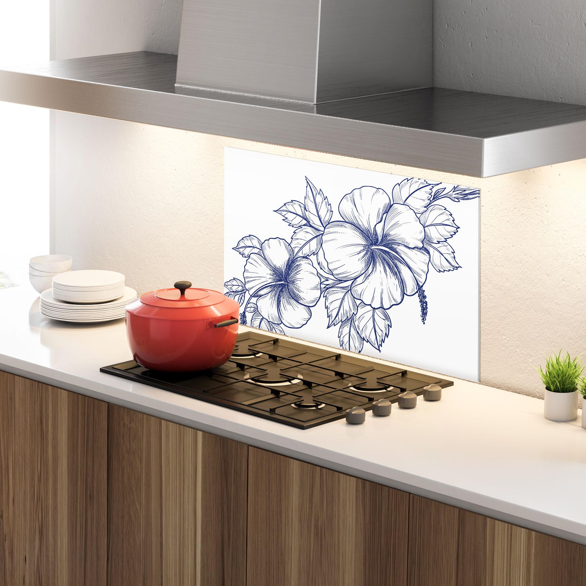 Küchenrückwand Glas Dark Blue Line Flower mockup 4