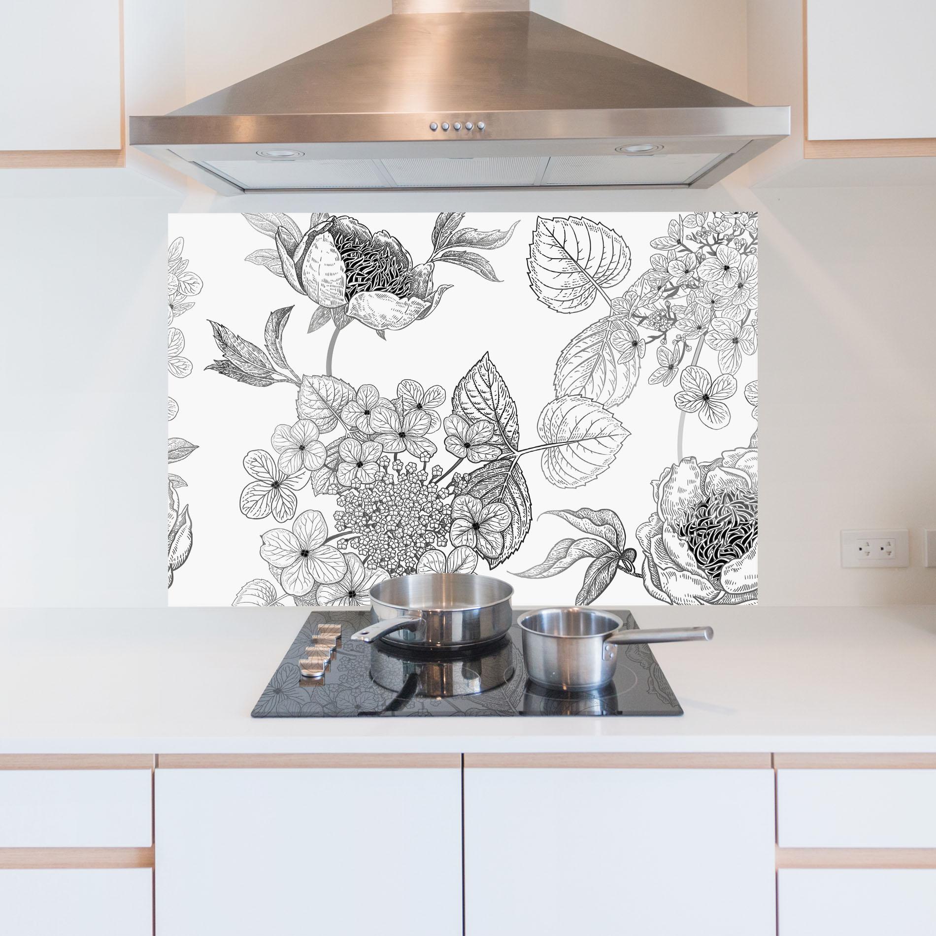 Küchenrückwand Glas Black Line Flower mockup 5