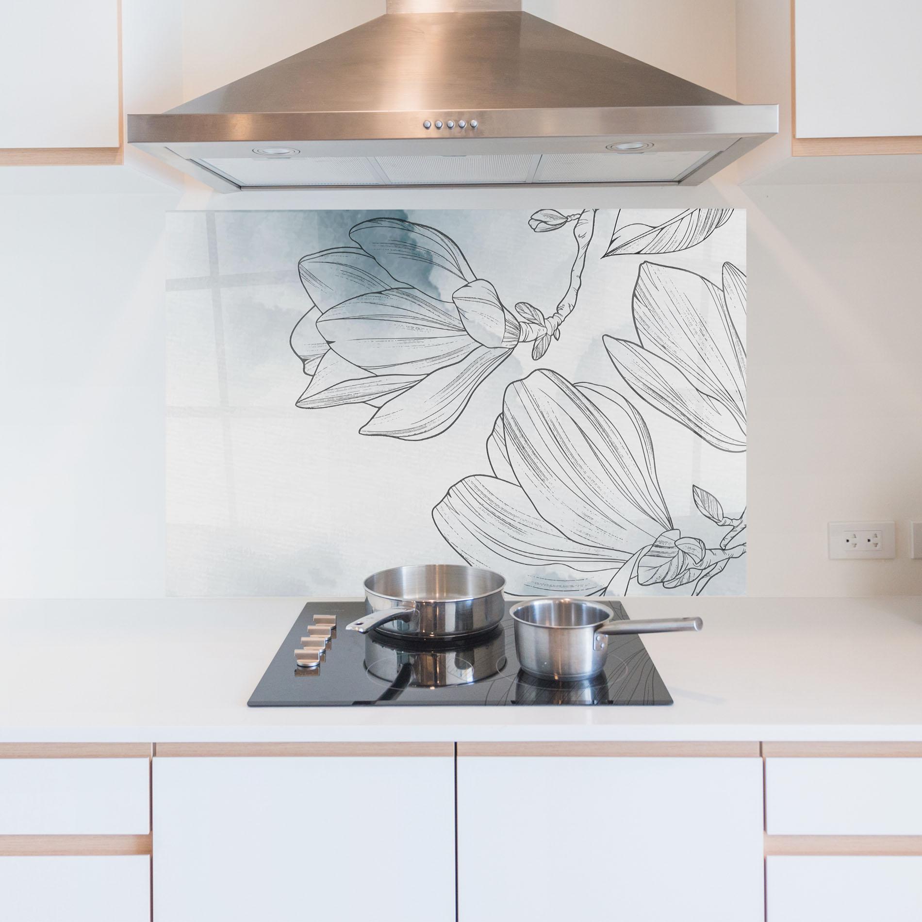 Küchenrückwand Glas Blue Line Flower mockup 5