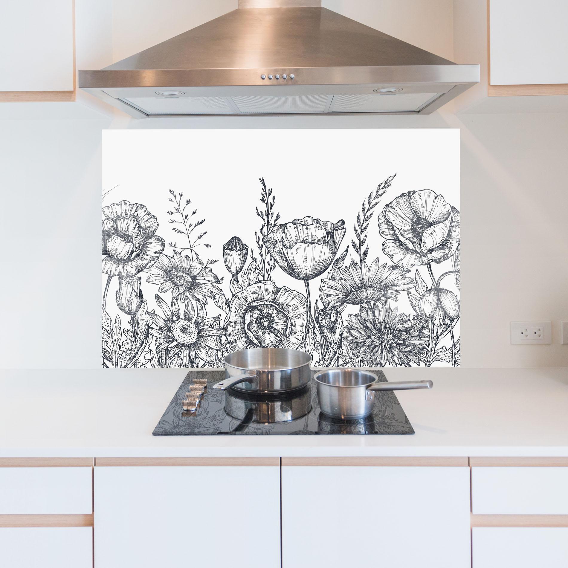 Küchenrückwand Glas Flower Grey Line mockup 5