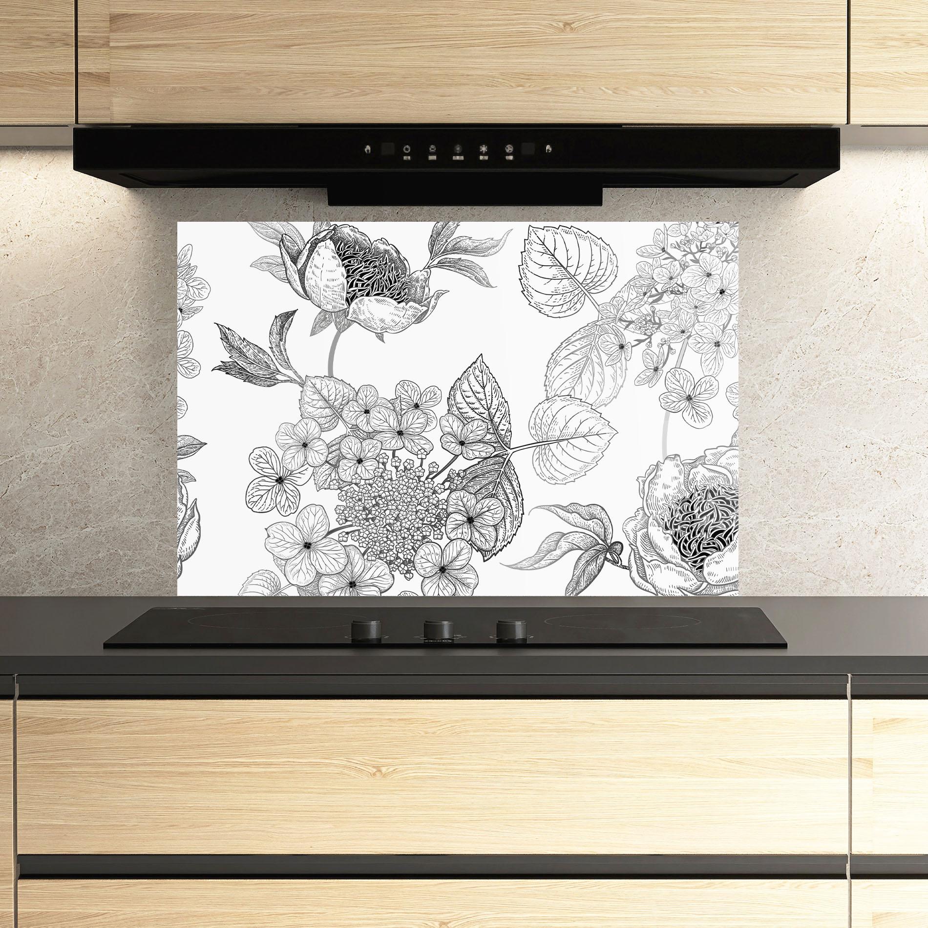 Küchenrückwand Glas Black Line Flower mockup 3