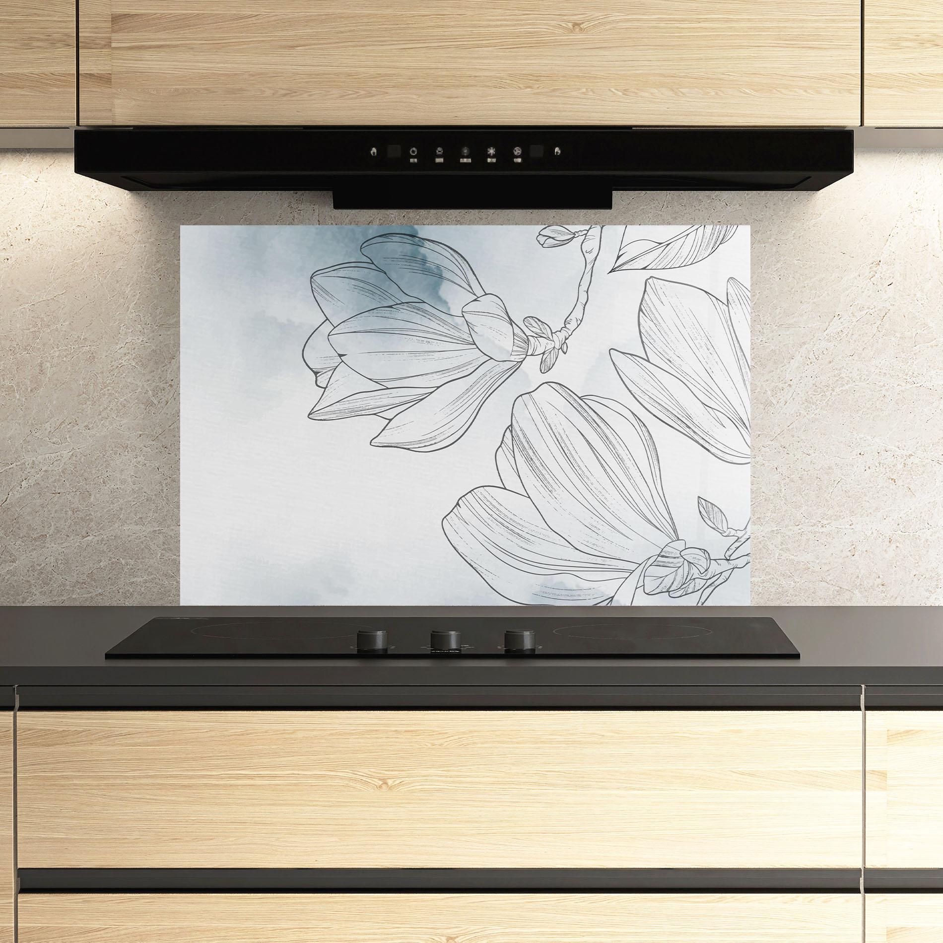 Küchenrückwand Glas Blue Line Flower mockup 3