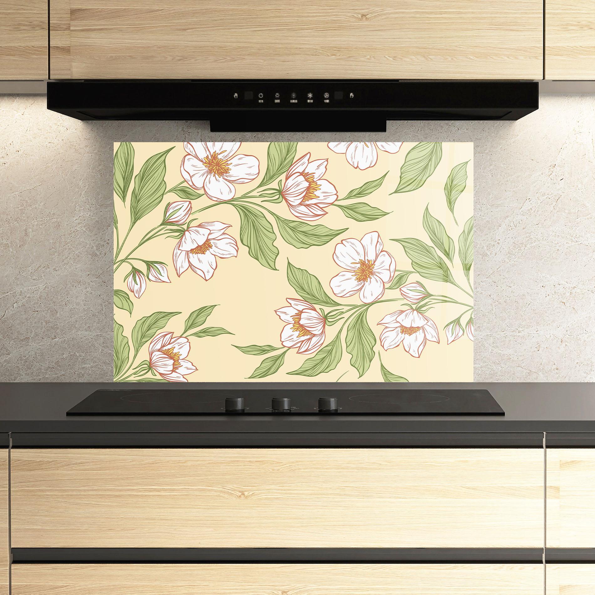 Küchenrückwand Glas Cream Flower White mockup 3