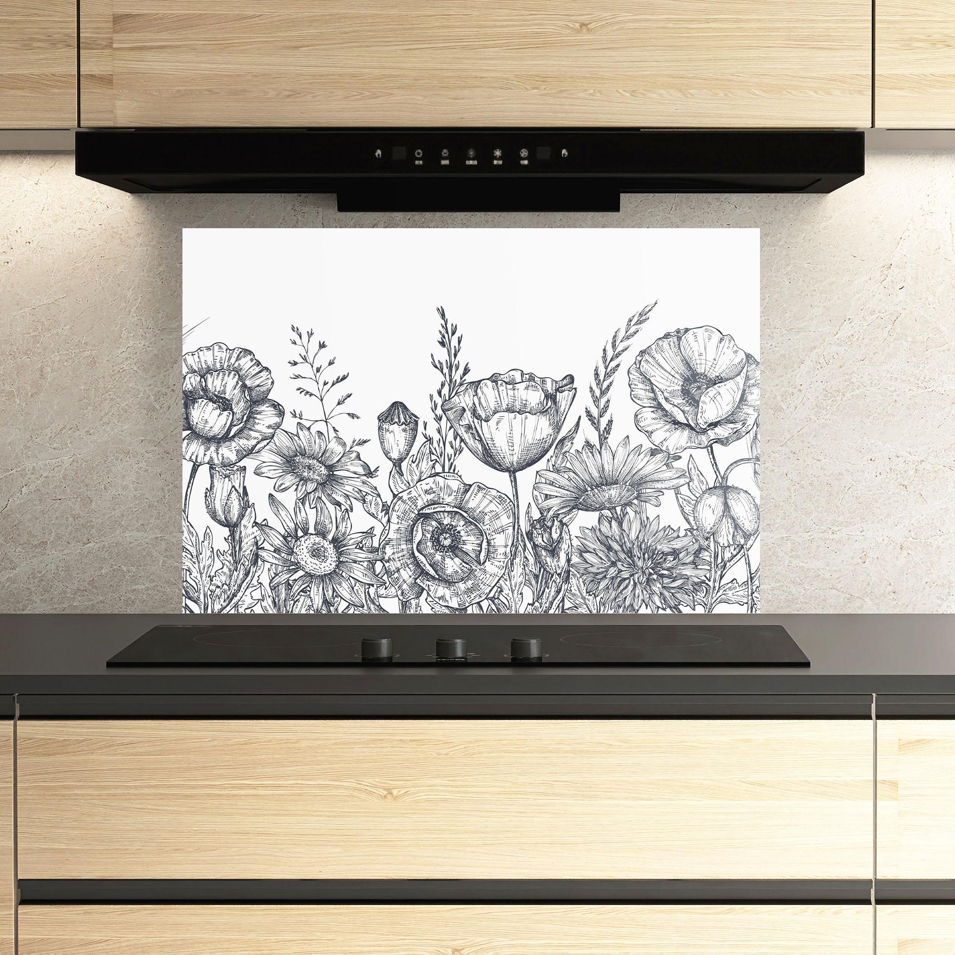 Küchenrückwand Glas Flower Grey Line mockup 3