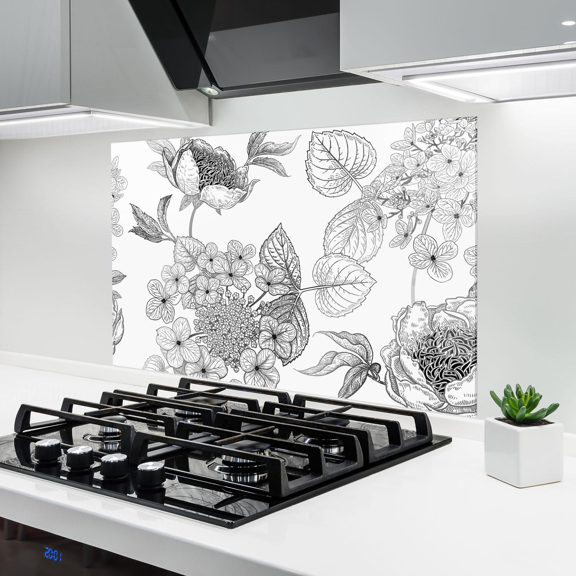 Küchenrückwand Glas Black Line Flower mockup 6