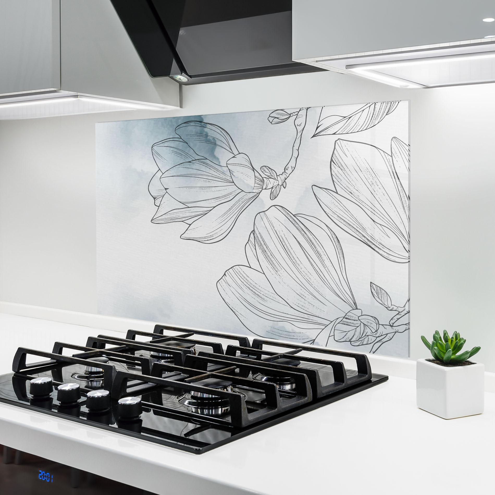 Küchenrückwand Glas Blue Line Flower mockup 6