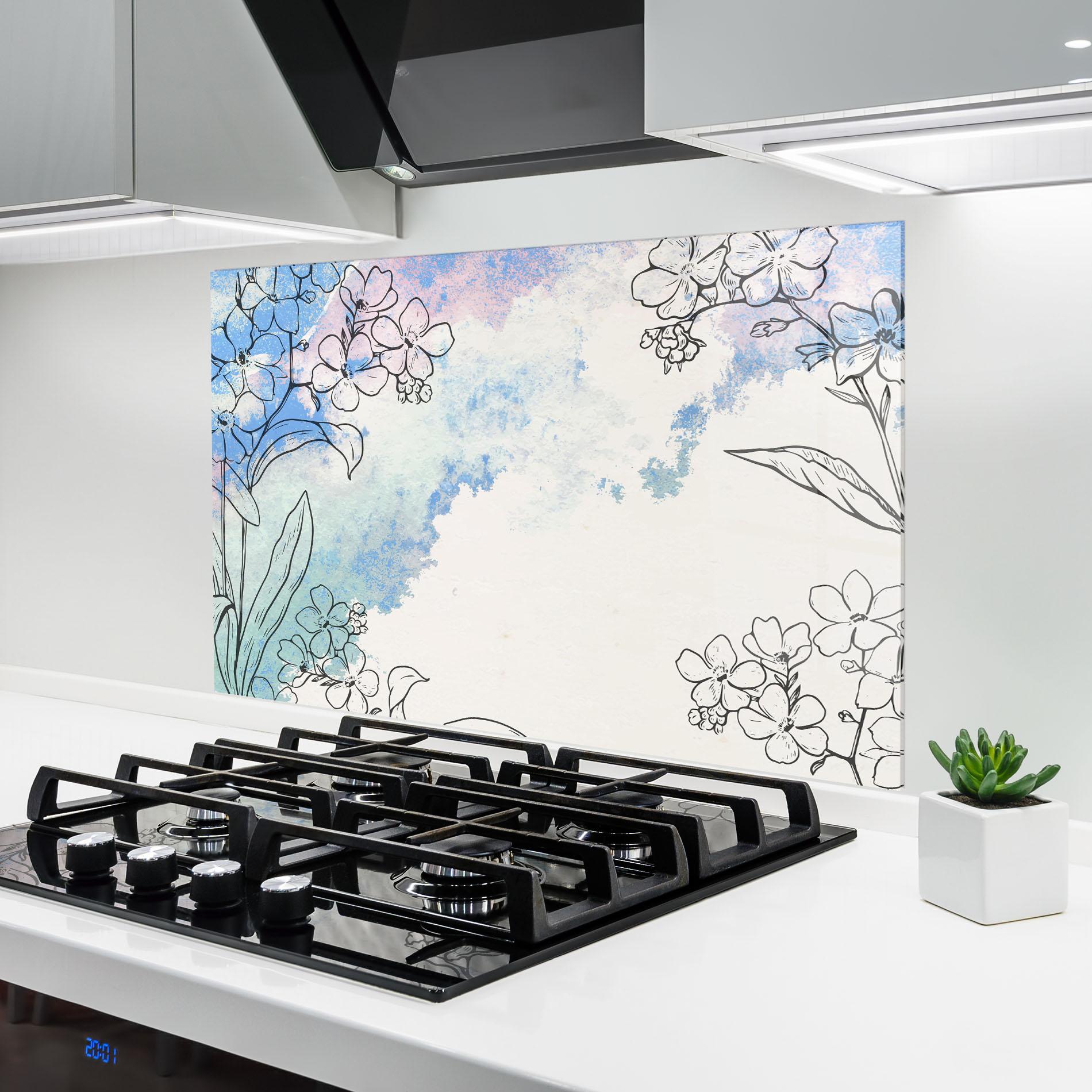 Küchenrückwand Glas Blue Watercolor Flower mockup 6