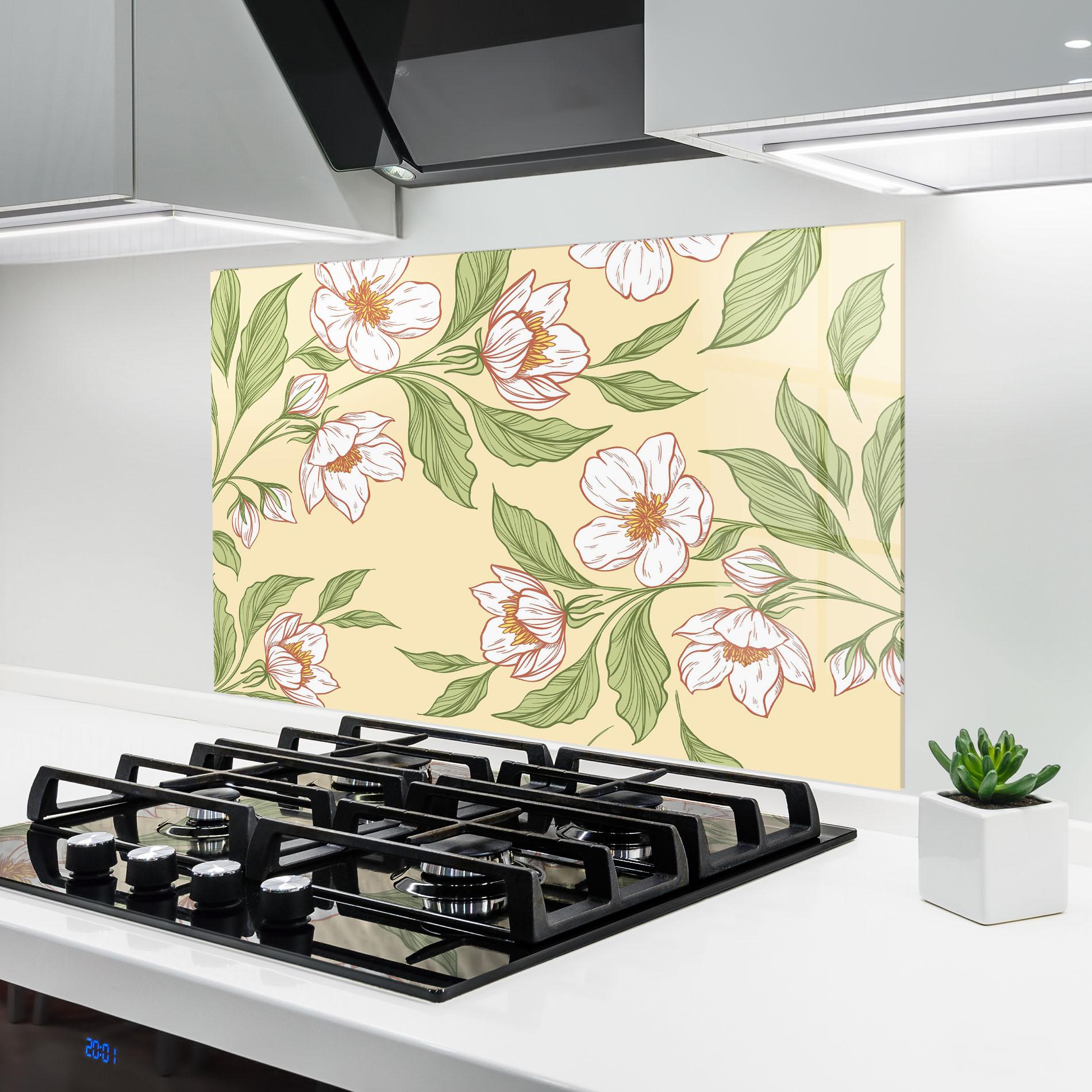 Küchenrückwand Glas Cream Flower White mockup 6