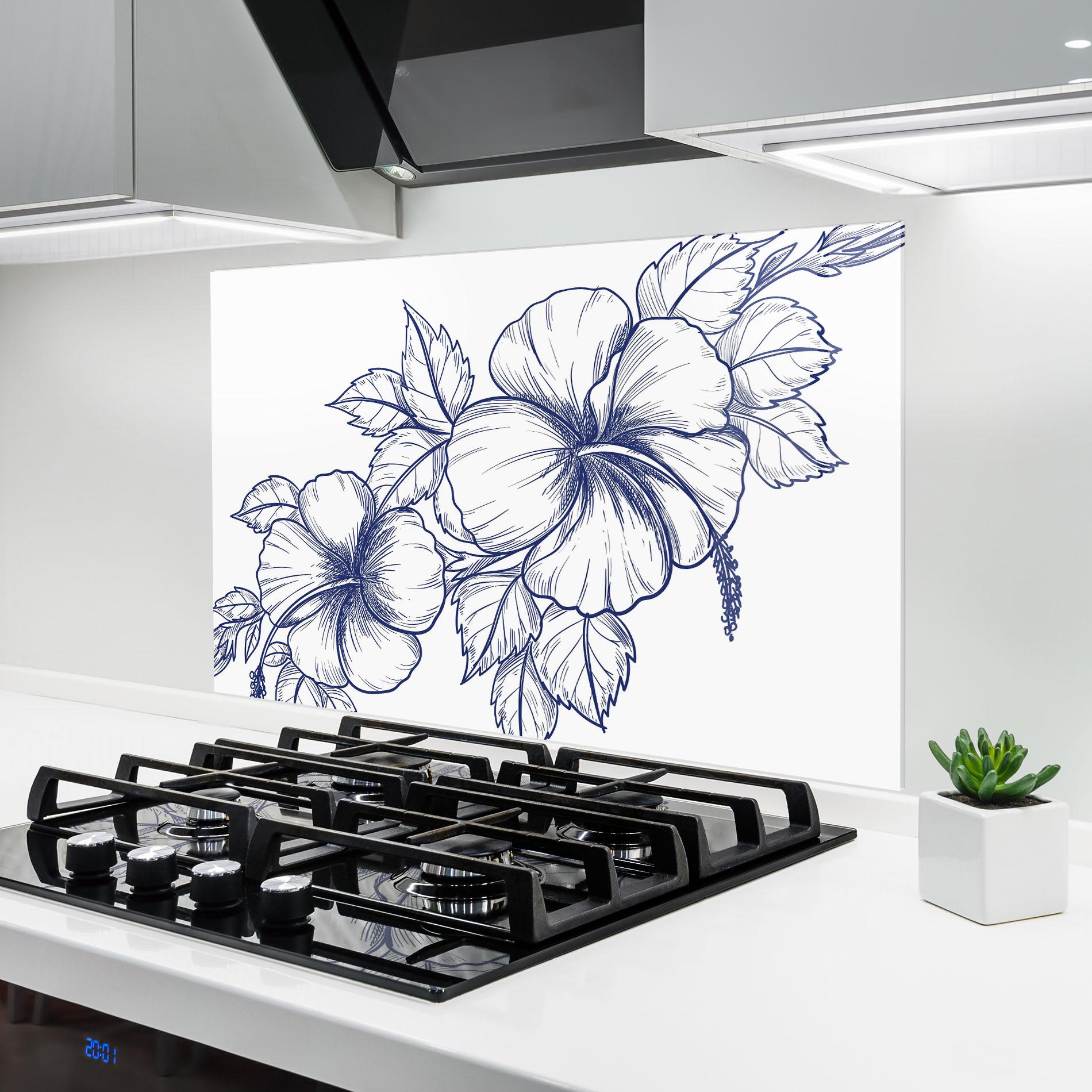 Küchenrückwand Glas Dark Blue Line Flower mockup 6