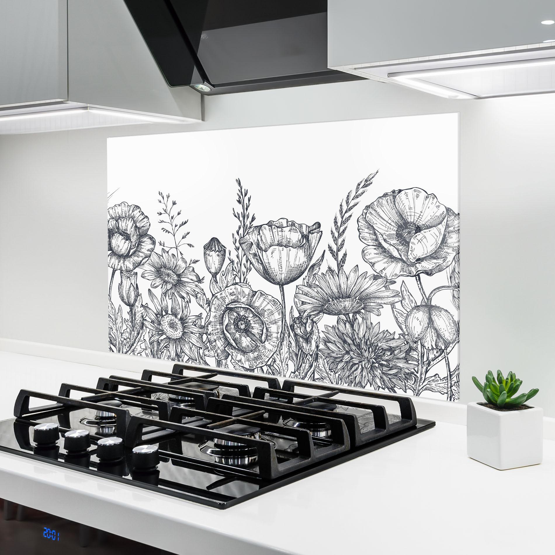 Küchenrückwand Glas Flower Grey Line mockup 6