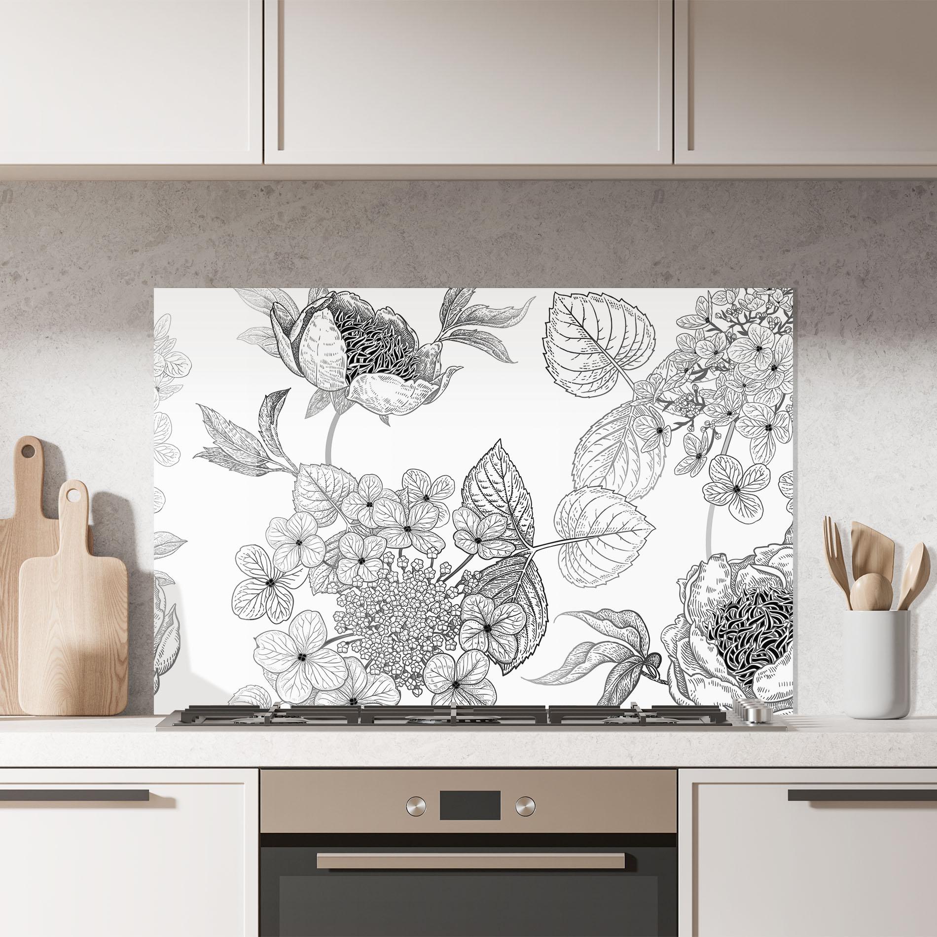 Küchenrückwand Glas Black Line Flower mockup 7