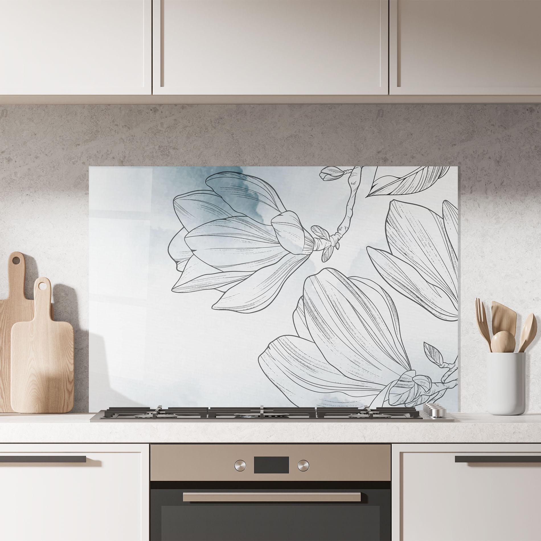 Küchenrückwand Glas Blue Line Flower mockup 7