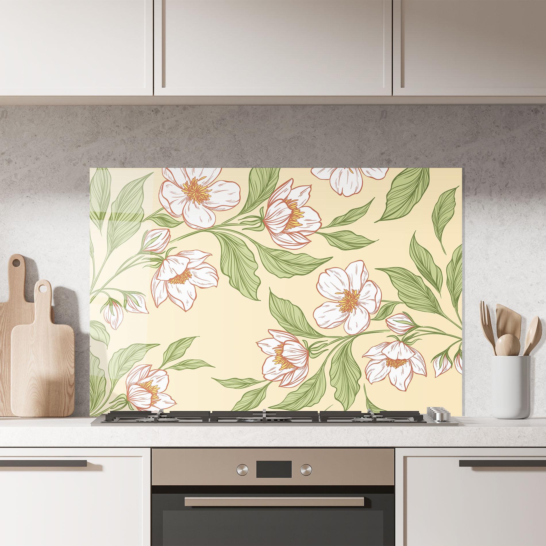 Küchenrückwand Glas Cream Flower White mockup 7