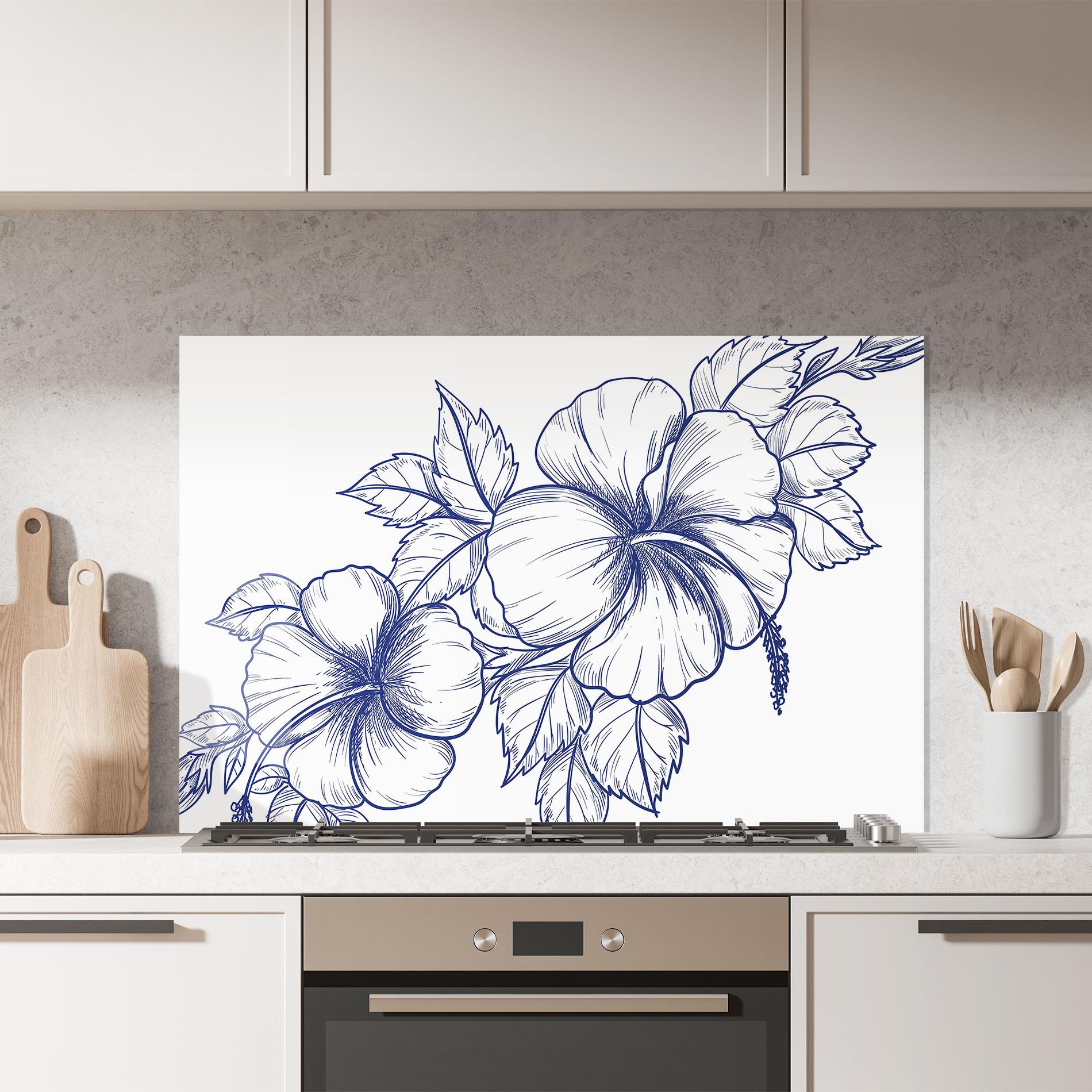 Küchenrückwand Glas Dark Blue Line Flower mockup 7