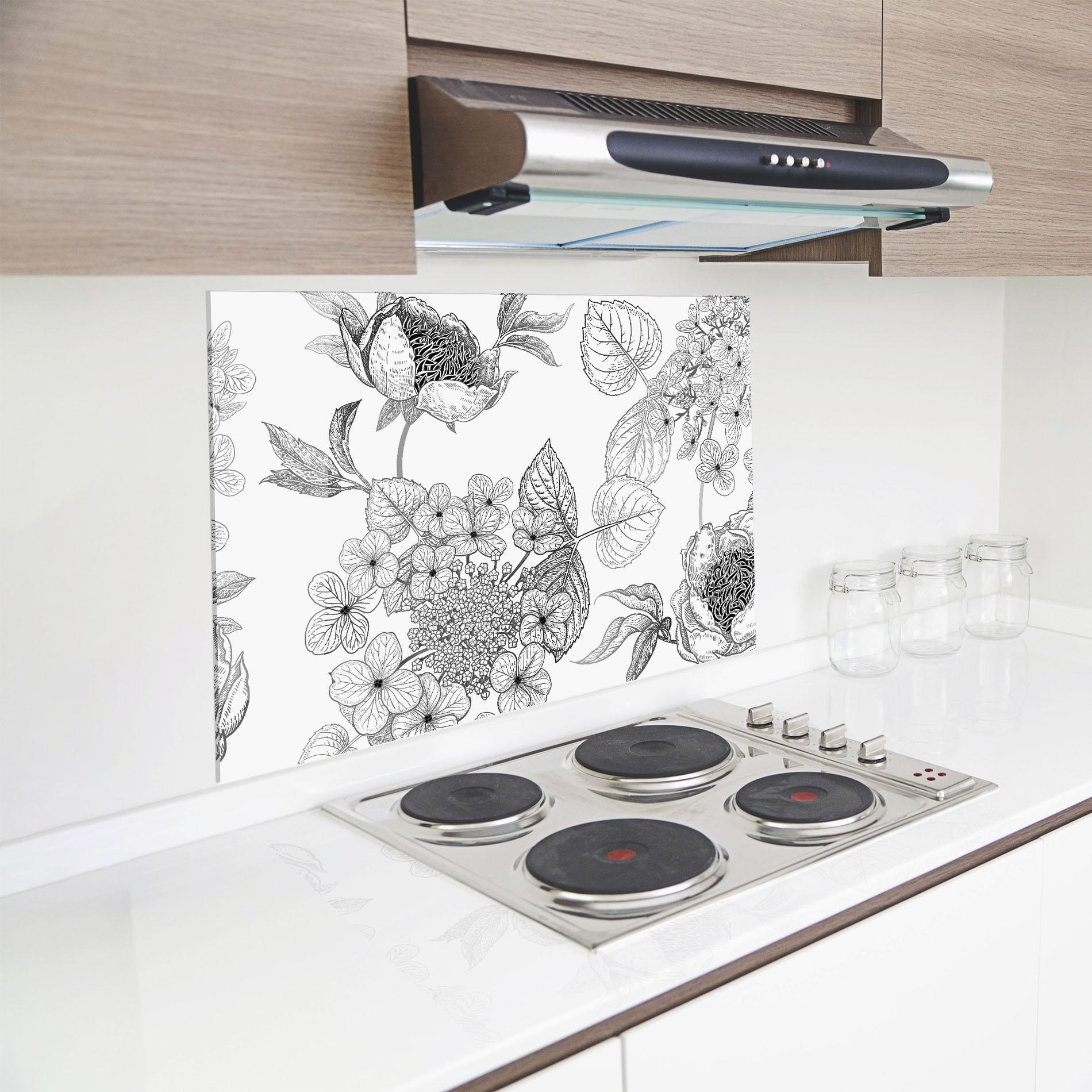 Küchenrückwand Glas Black Line Flower mockup 8