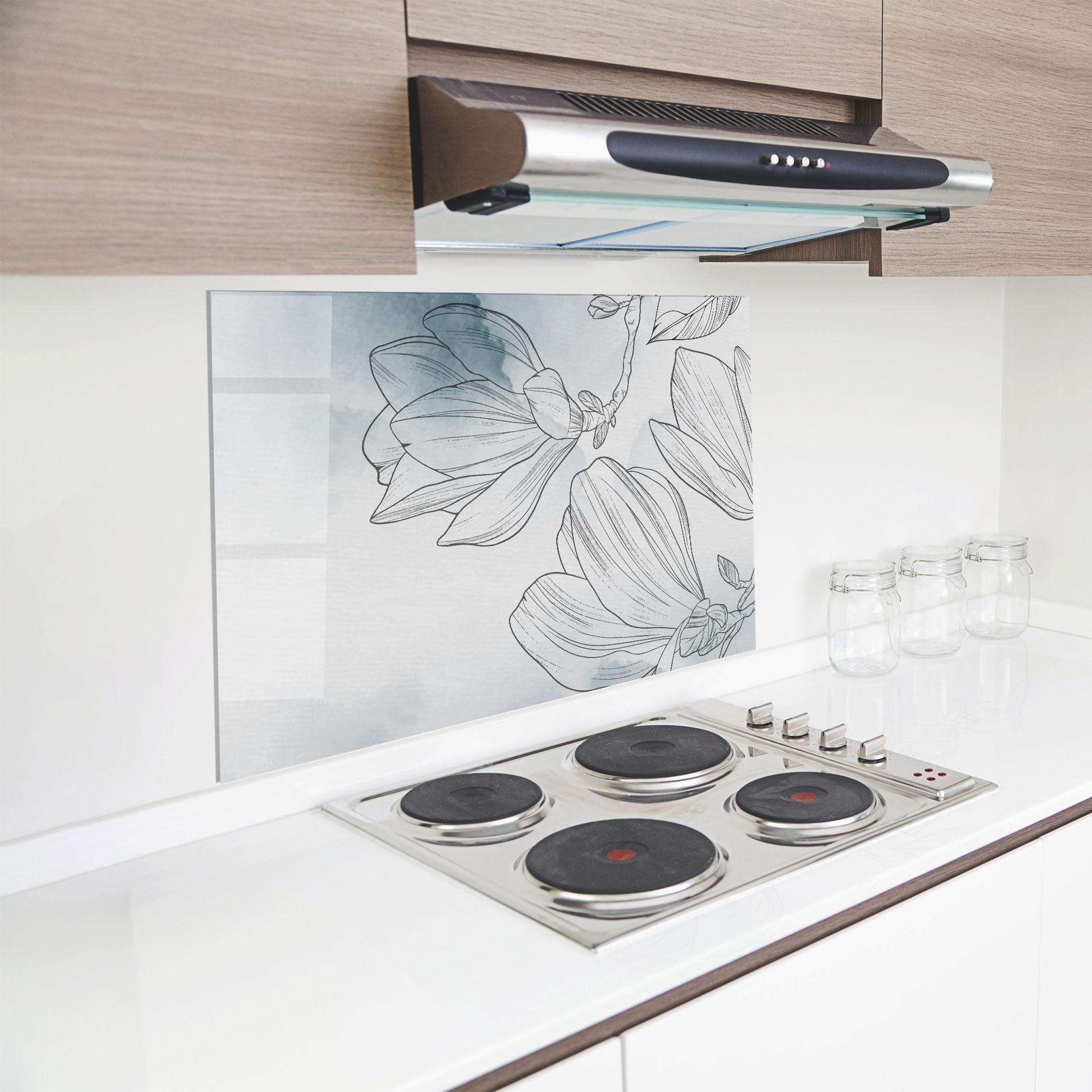 Küchenrückwand Glas Blue Line Flower mockup 8