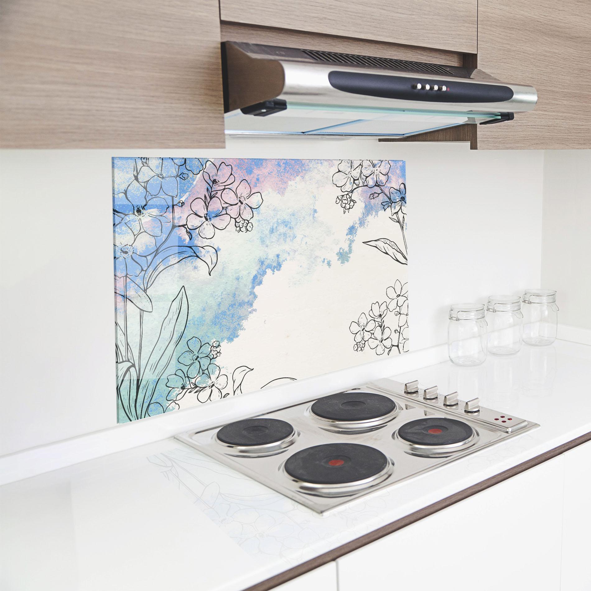 Küchenrückwand Glas Blue Watercolor Flower mockup 8