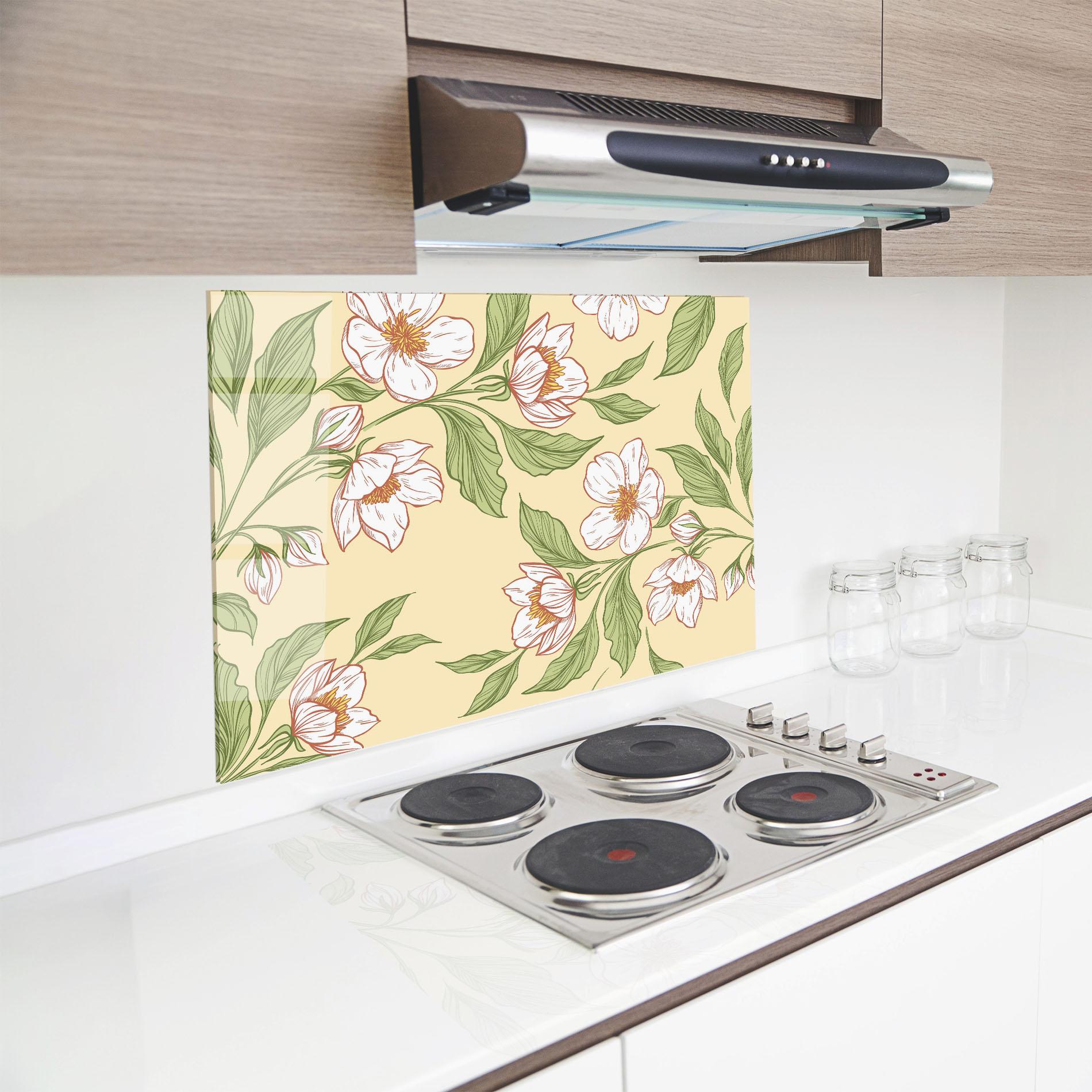 Küchenrückwand Glas Cream Flower White mockup 8