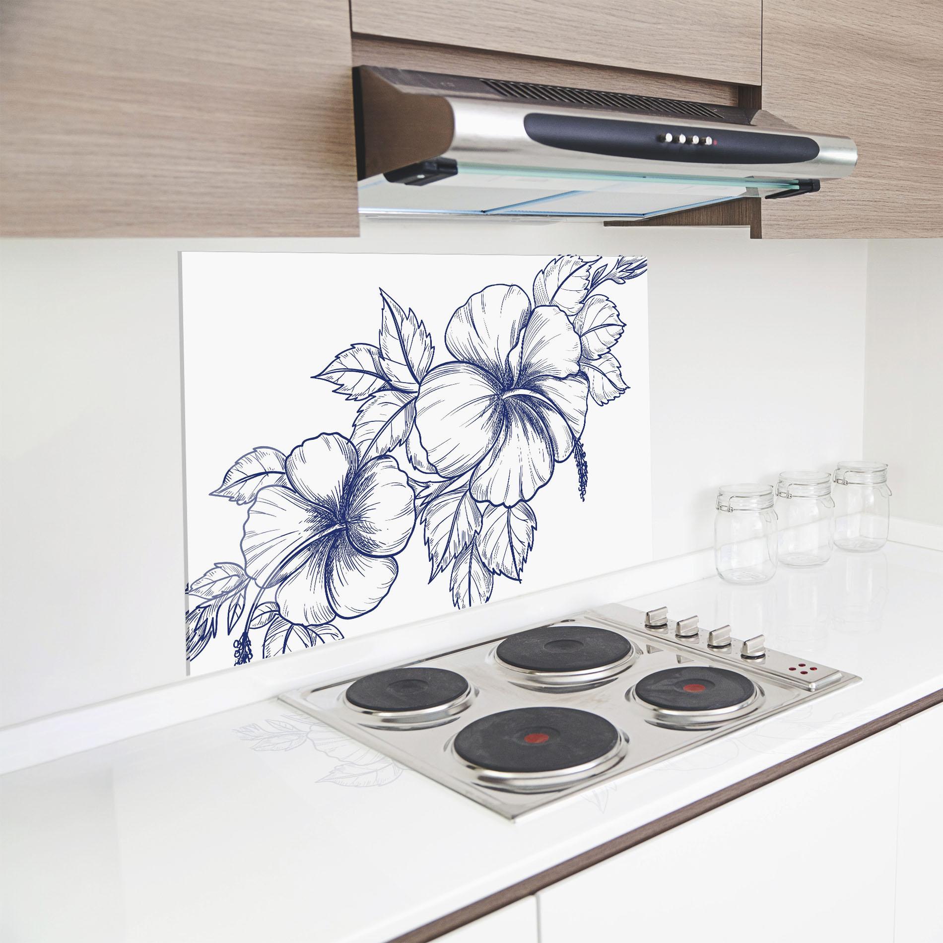 Küchenrückwand Glas Dark Blue Line Flower mockup 8