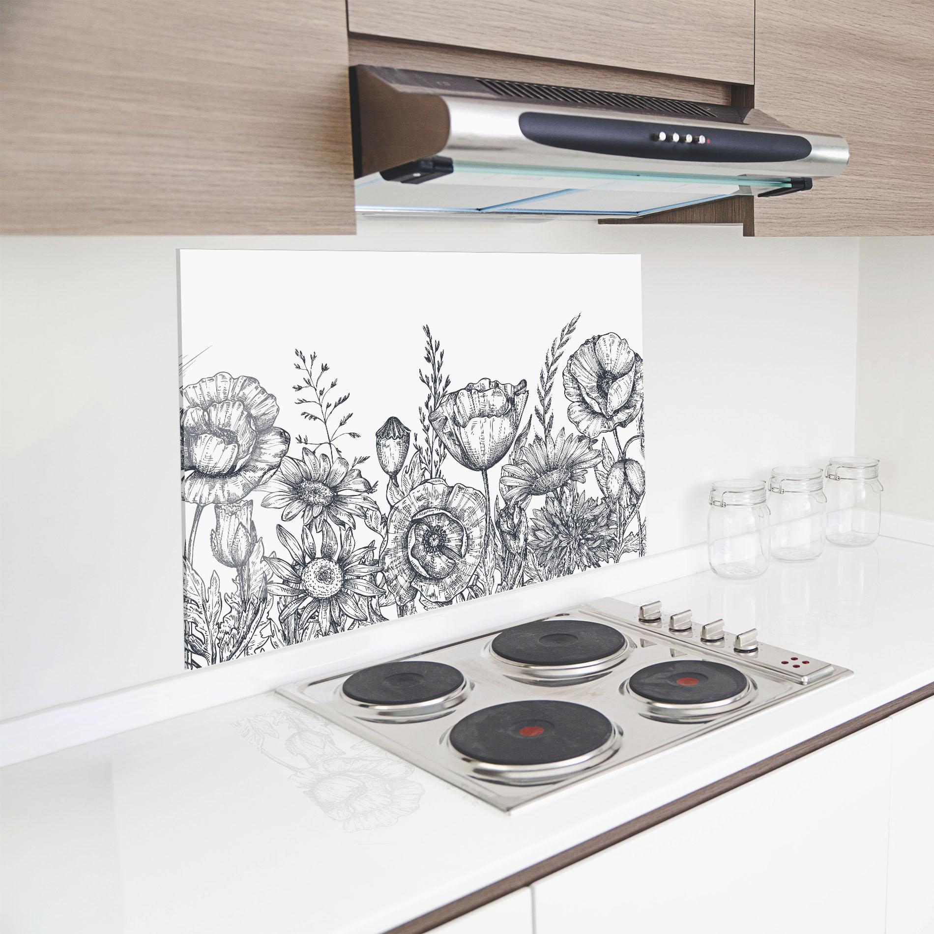 Küchenrückwand Glas Flower Grey Line mockup 8