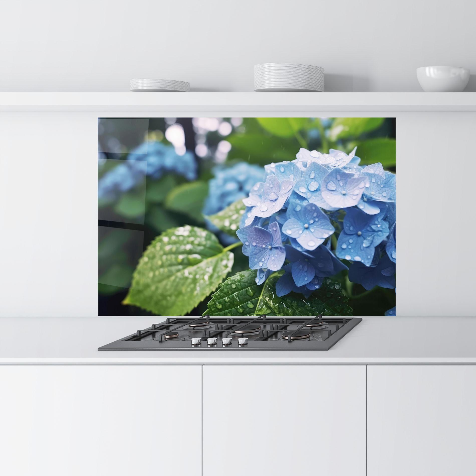 Küchenrückwand Glas Blue Rainy Exotic mockup 9
