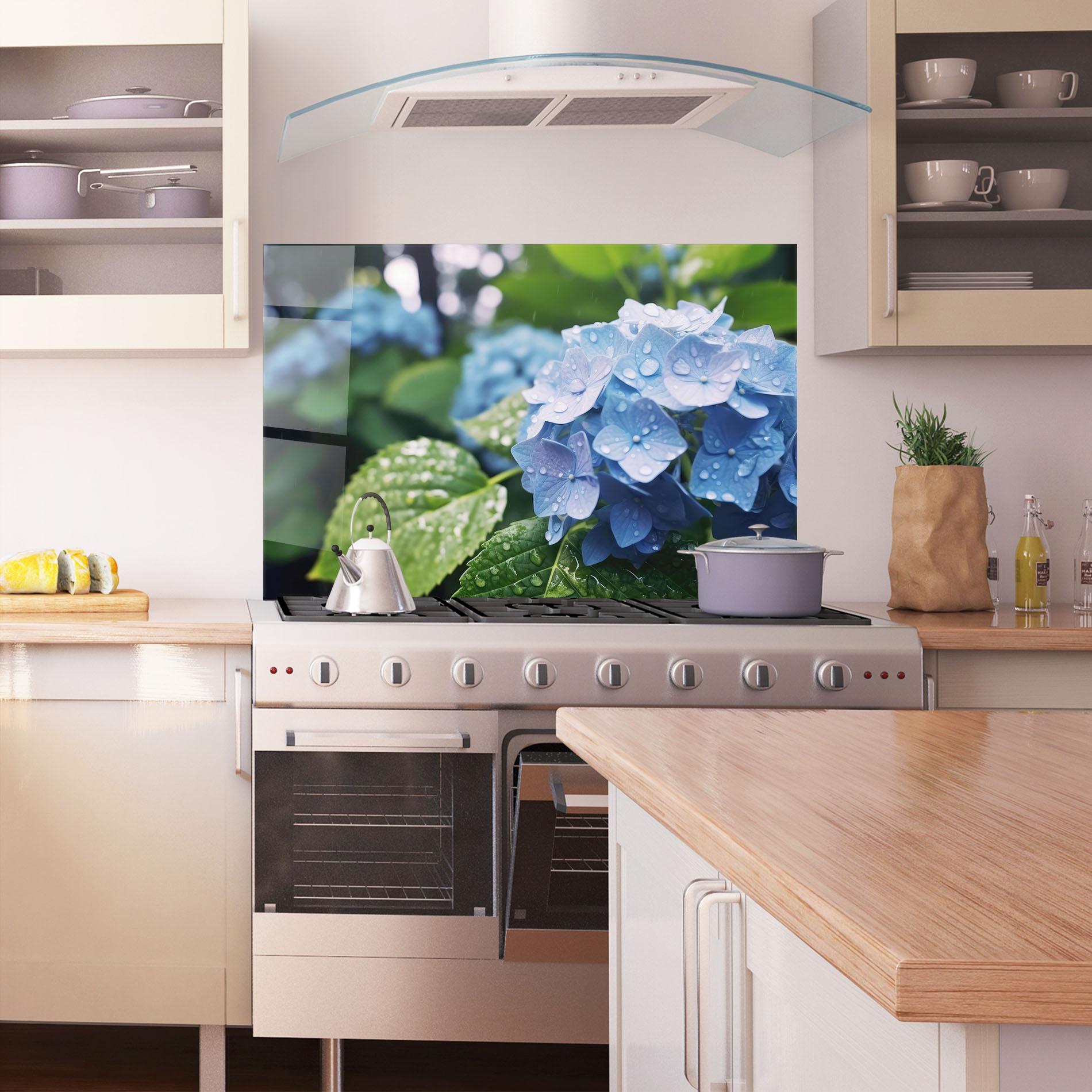 Küchenrückwand Glas Blue Rainy Exotic mockup 1