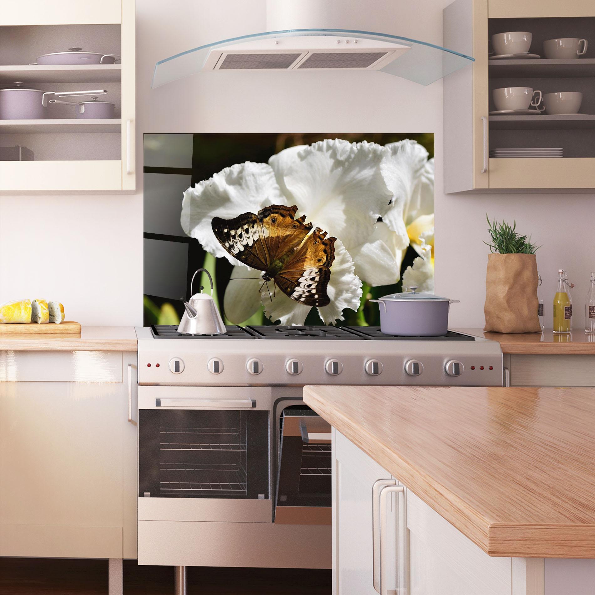 Küchenrückwand Glas Butterfly Exotic Plant mockup 1