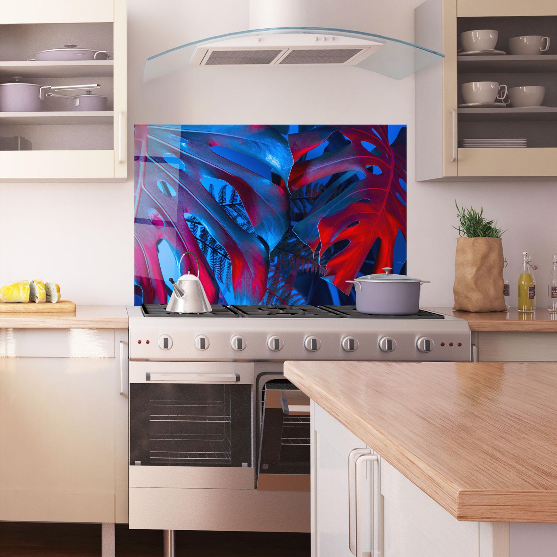 Küchenrückwand Glas Exotic Blue Leaf mockup 1