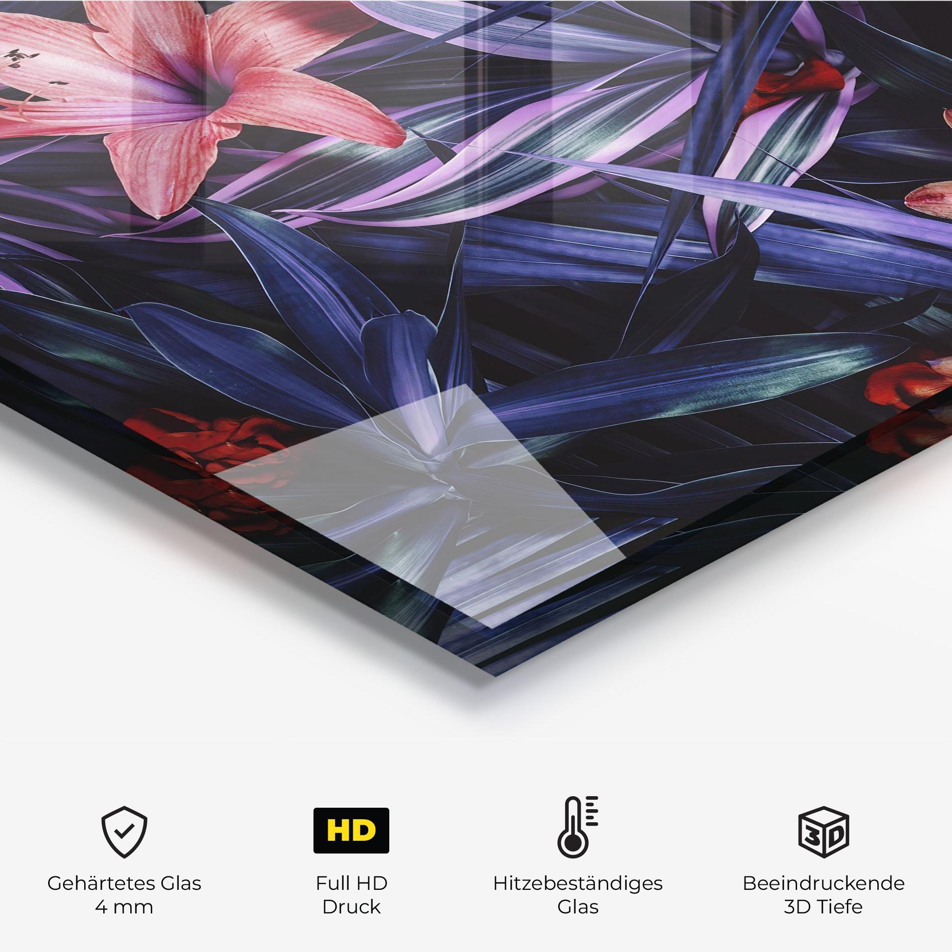 Küchenrückwand Glas Pink Purple Exotic mockup 2