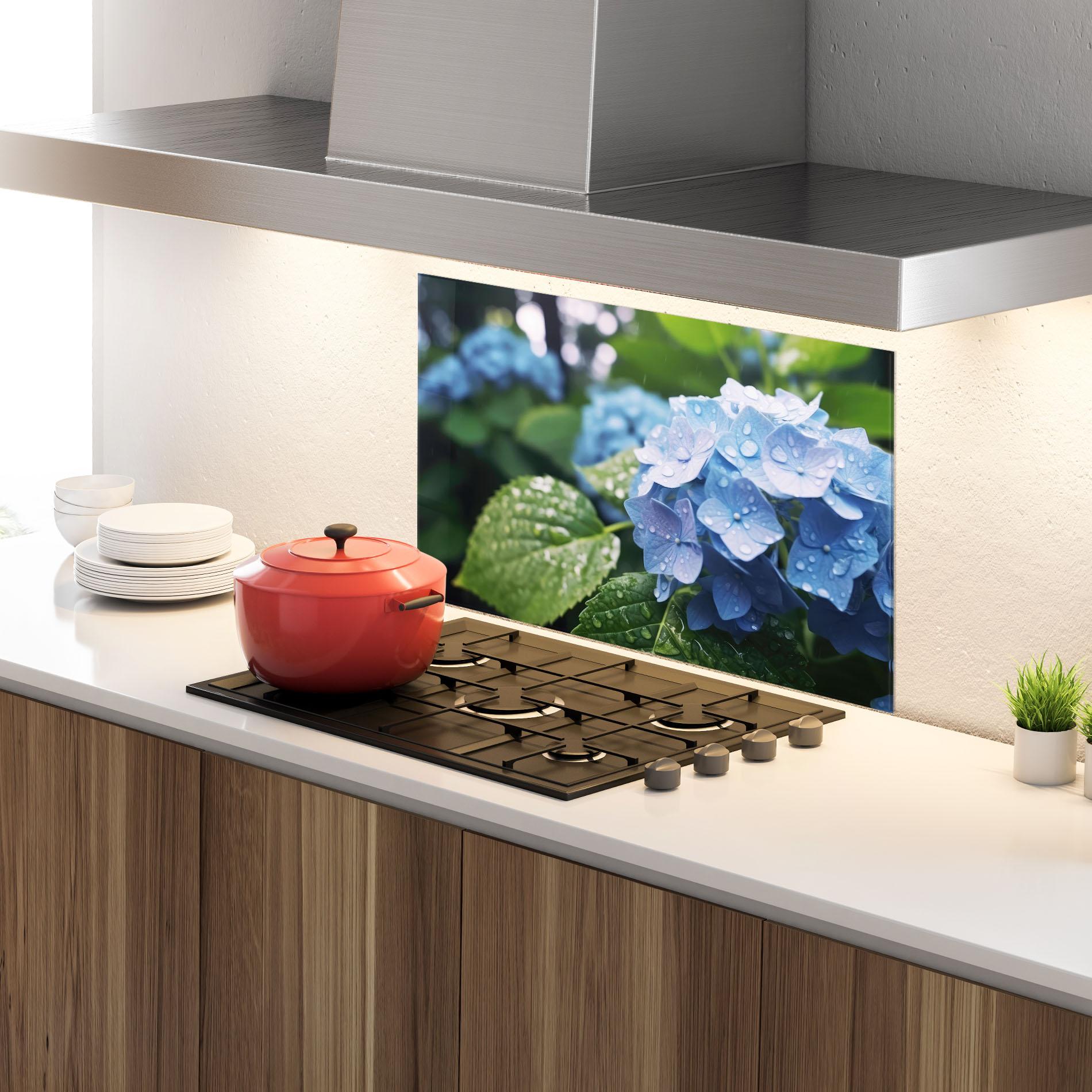 Küchenrückwand Glas Blue Rainy Exotic mockup 4
