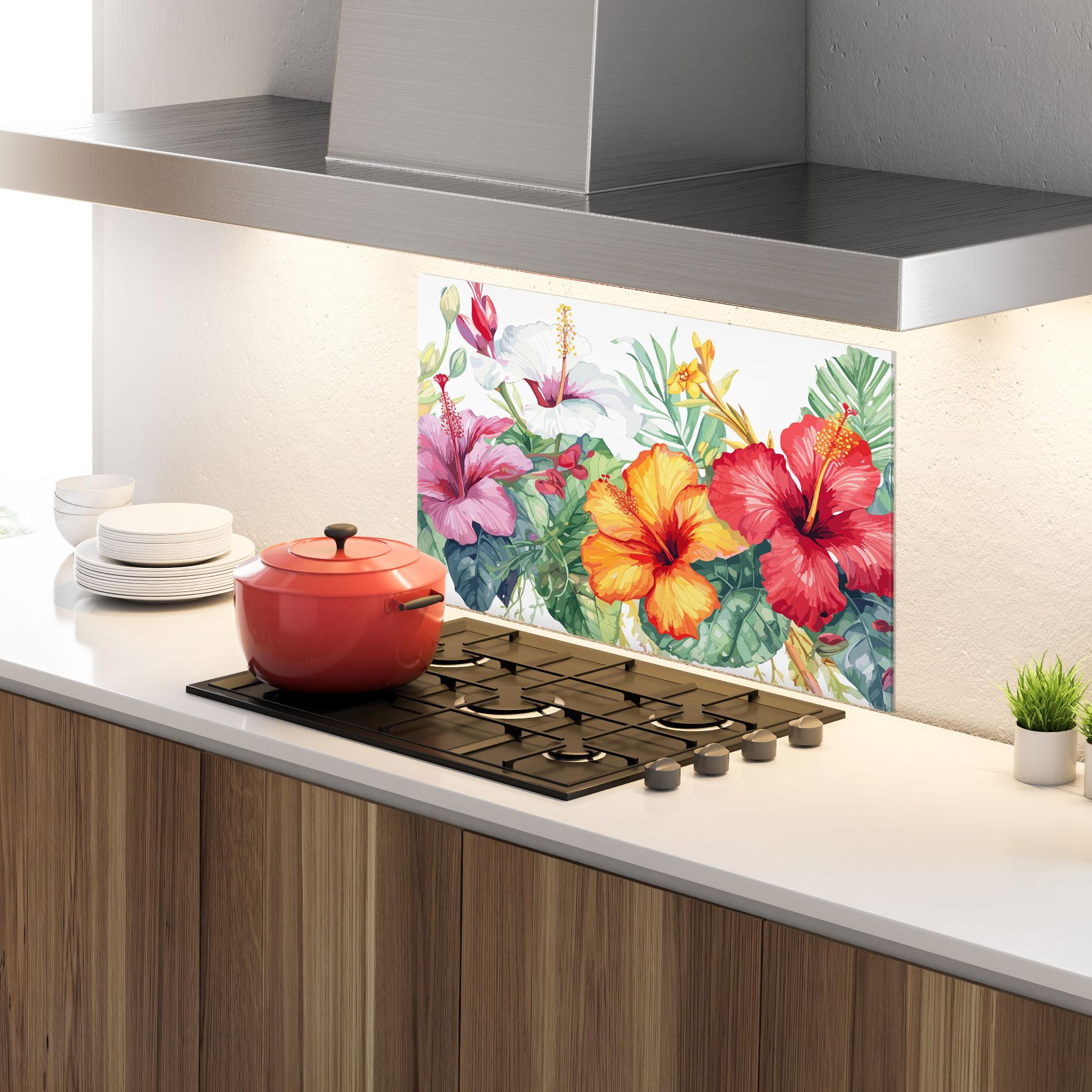 Küchenrückwand Glas Exotic Flowers mockup 4