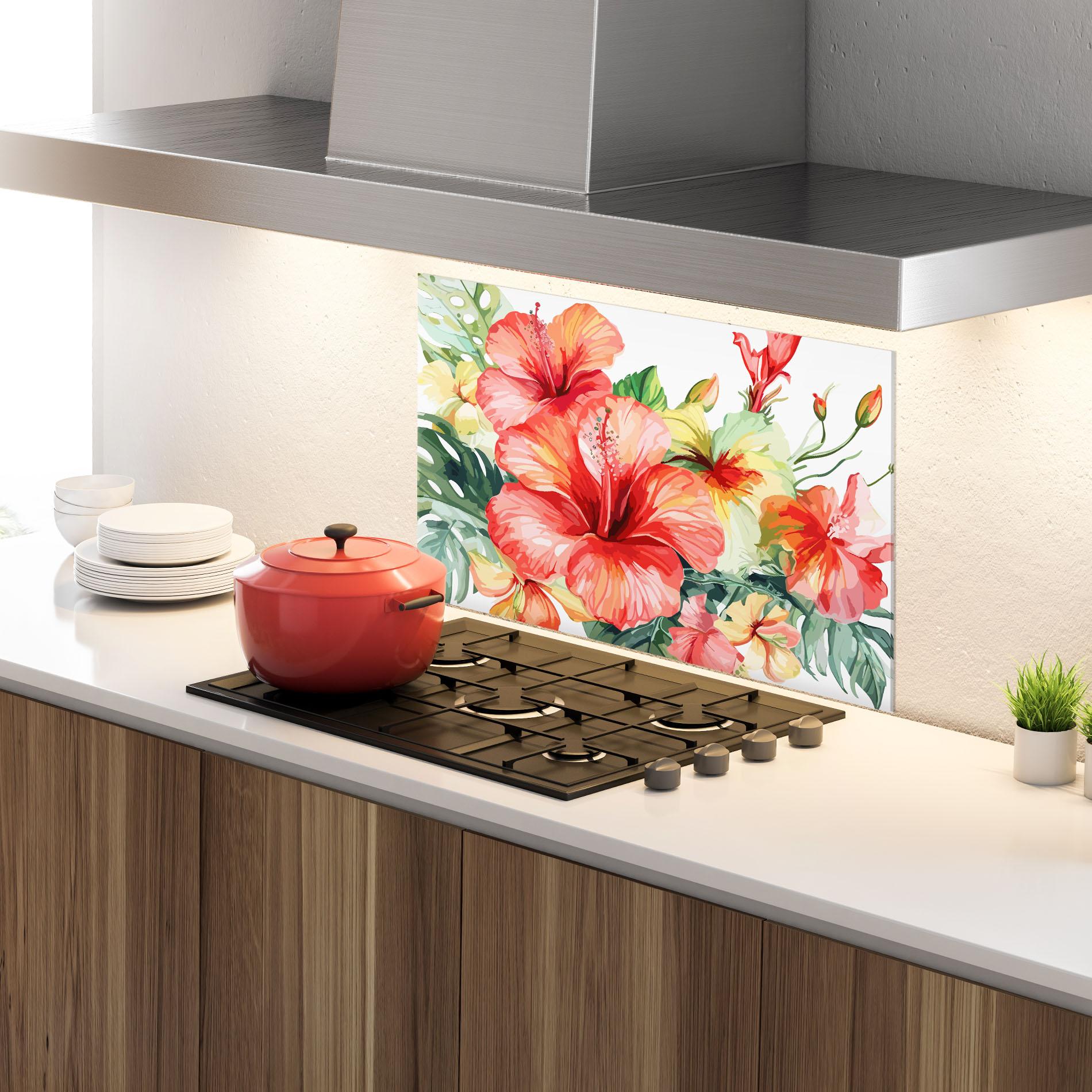 Küchenrückwand Glas Exotic Red Flower mockup 4