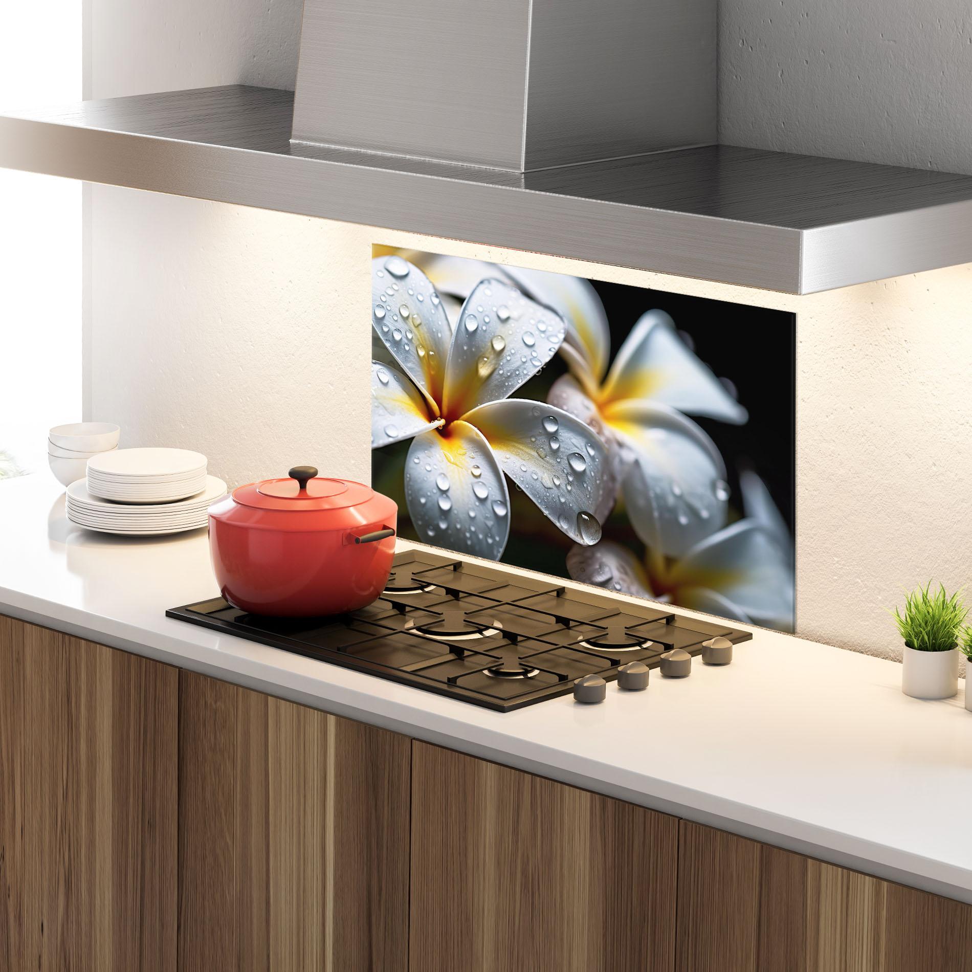 Küchenrückwand Glas Rainy White Exotic mockup 4