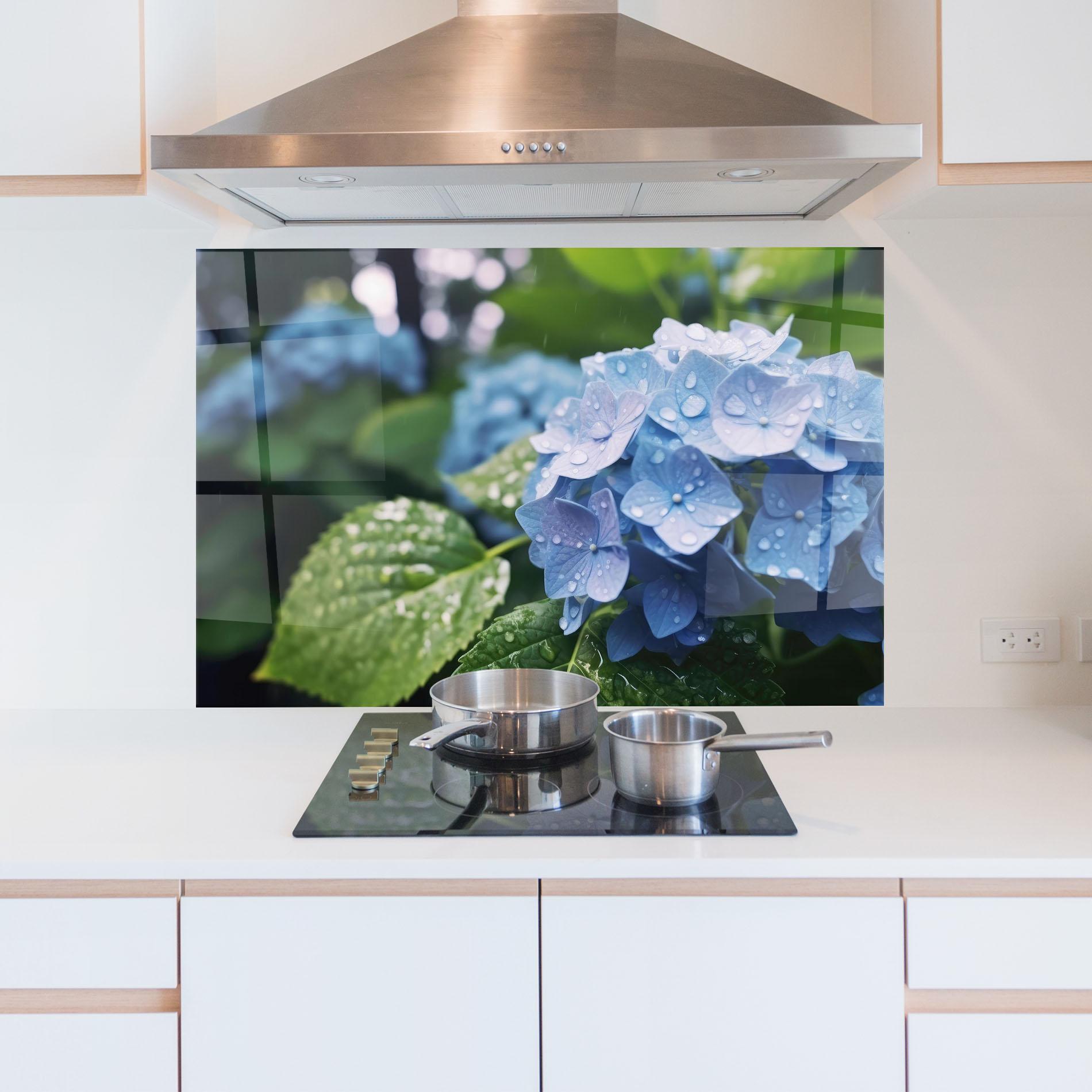 Küchenrückwand Glas Blue Rainy Exotic mockup 5