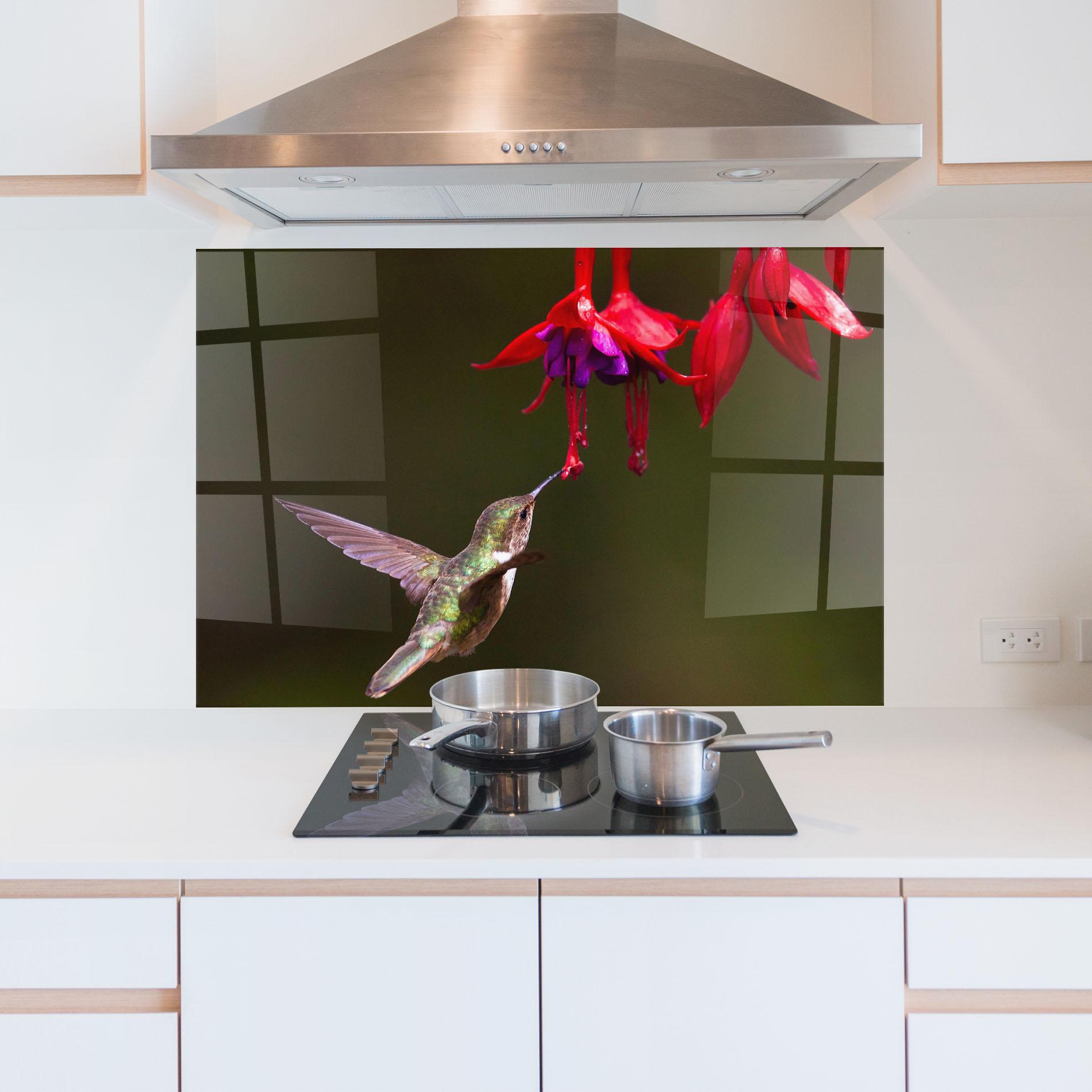 Küchenrückwand Glas Exotic Flower Bird mockup 5