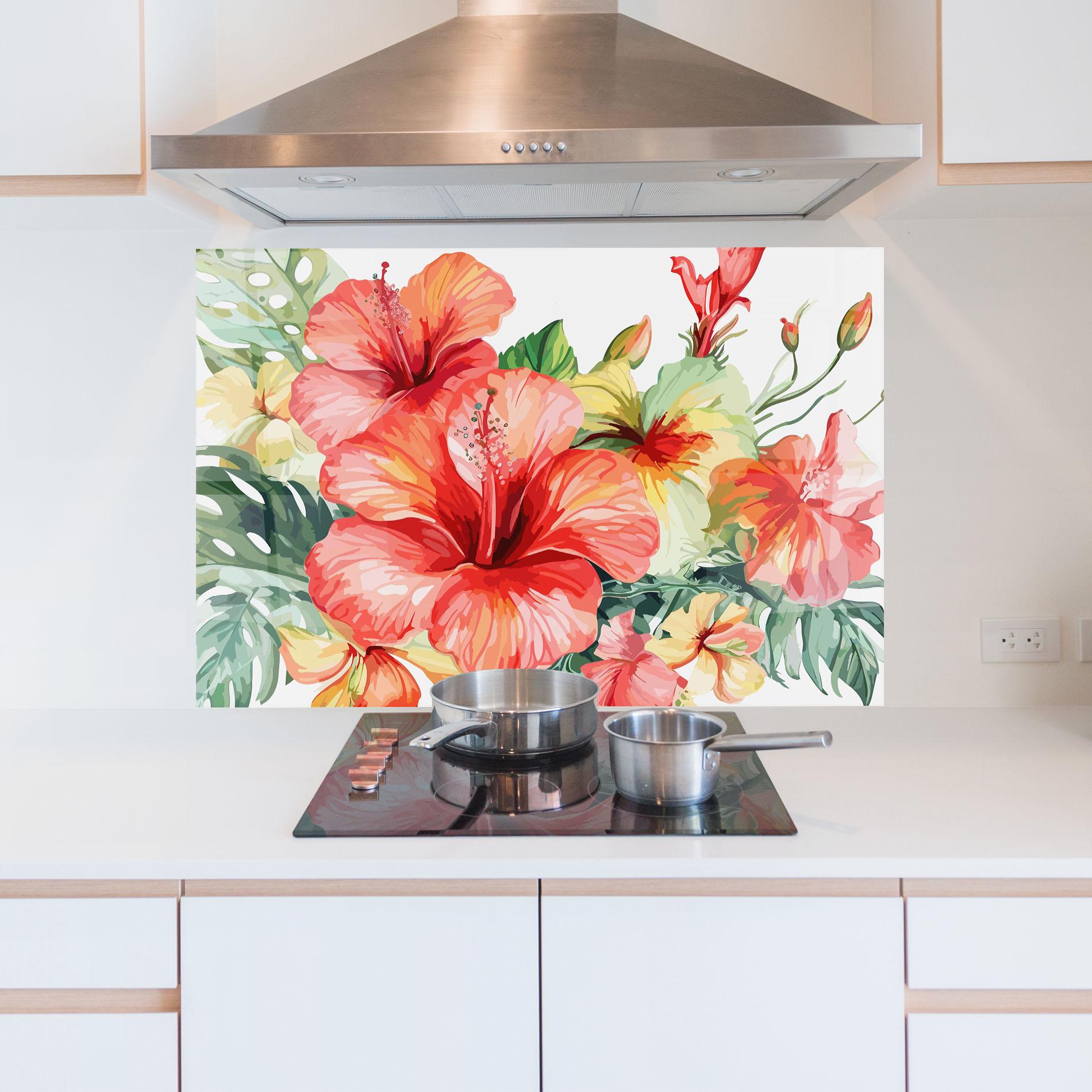 Küchenrückwand Glas Exotic Red Flower mockup 5