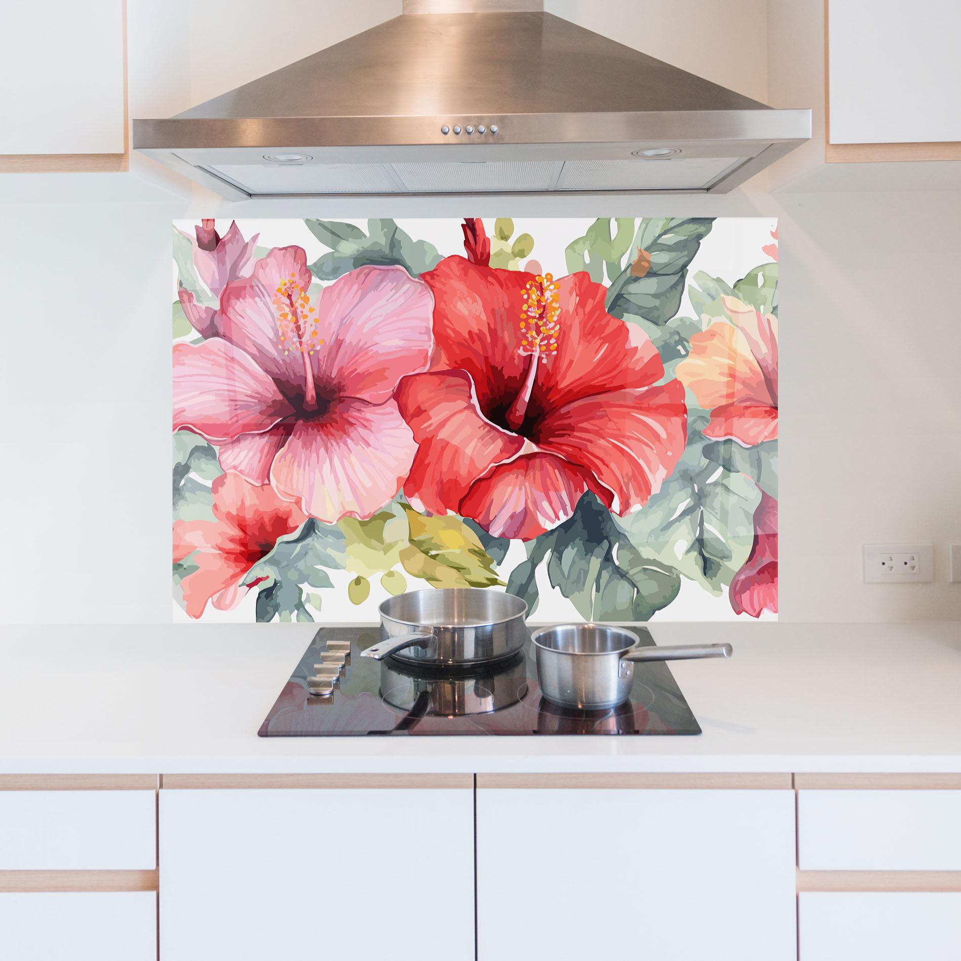 Küchenrückwand Glas Pink Red Exotic mockup 5