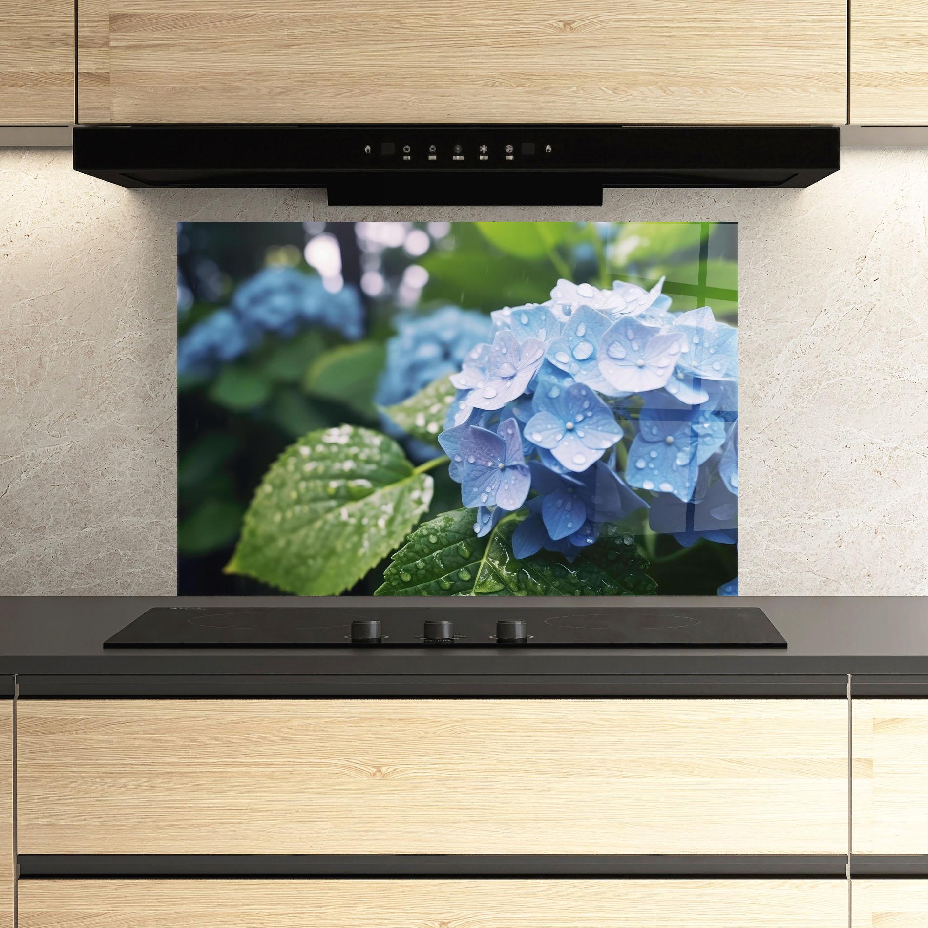 Küchenrückwand Glas Blue Rainy Exotic mockup 3