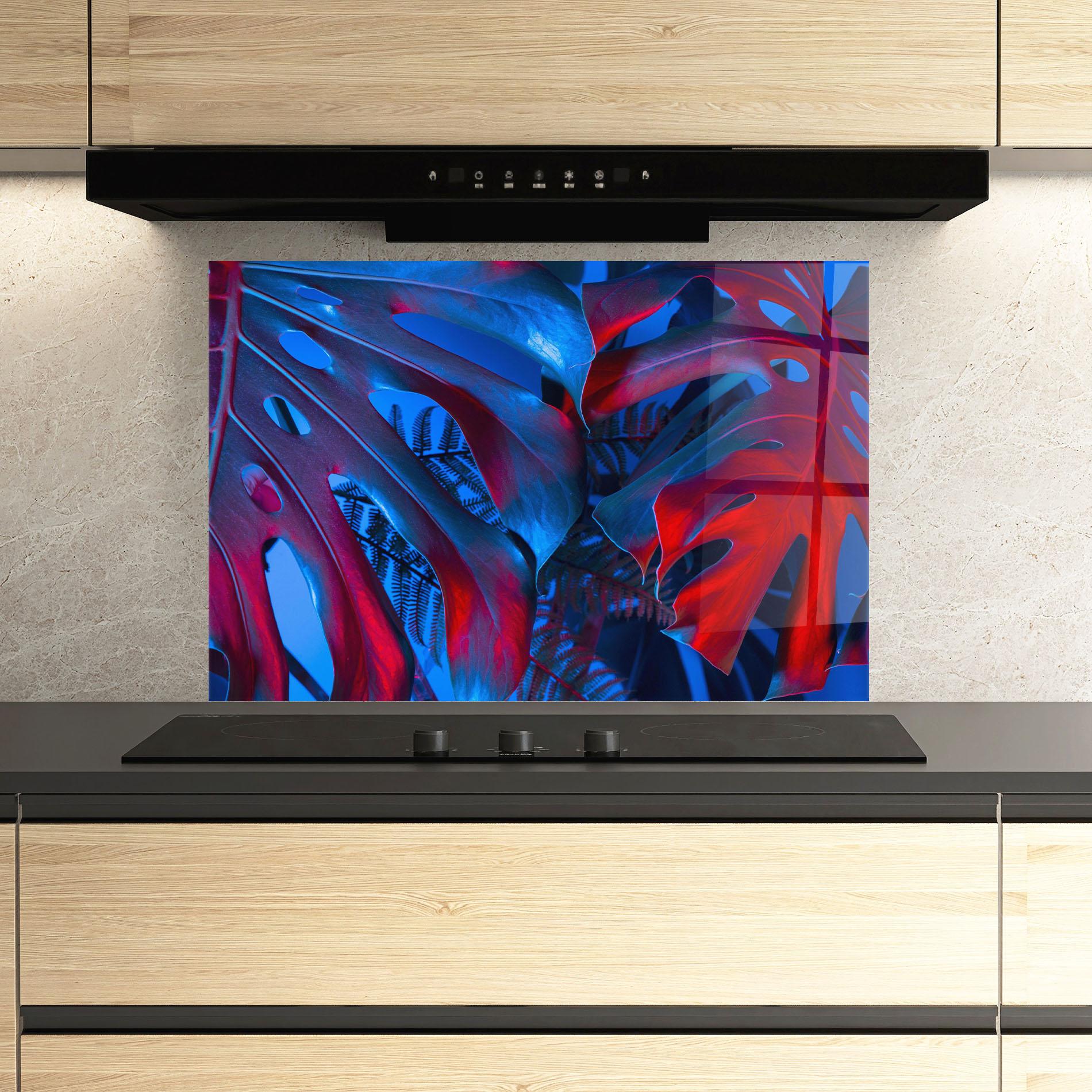 Küchenrückwand Glas Exotic Blue Leaf mockup 3