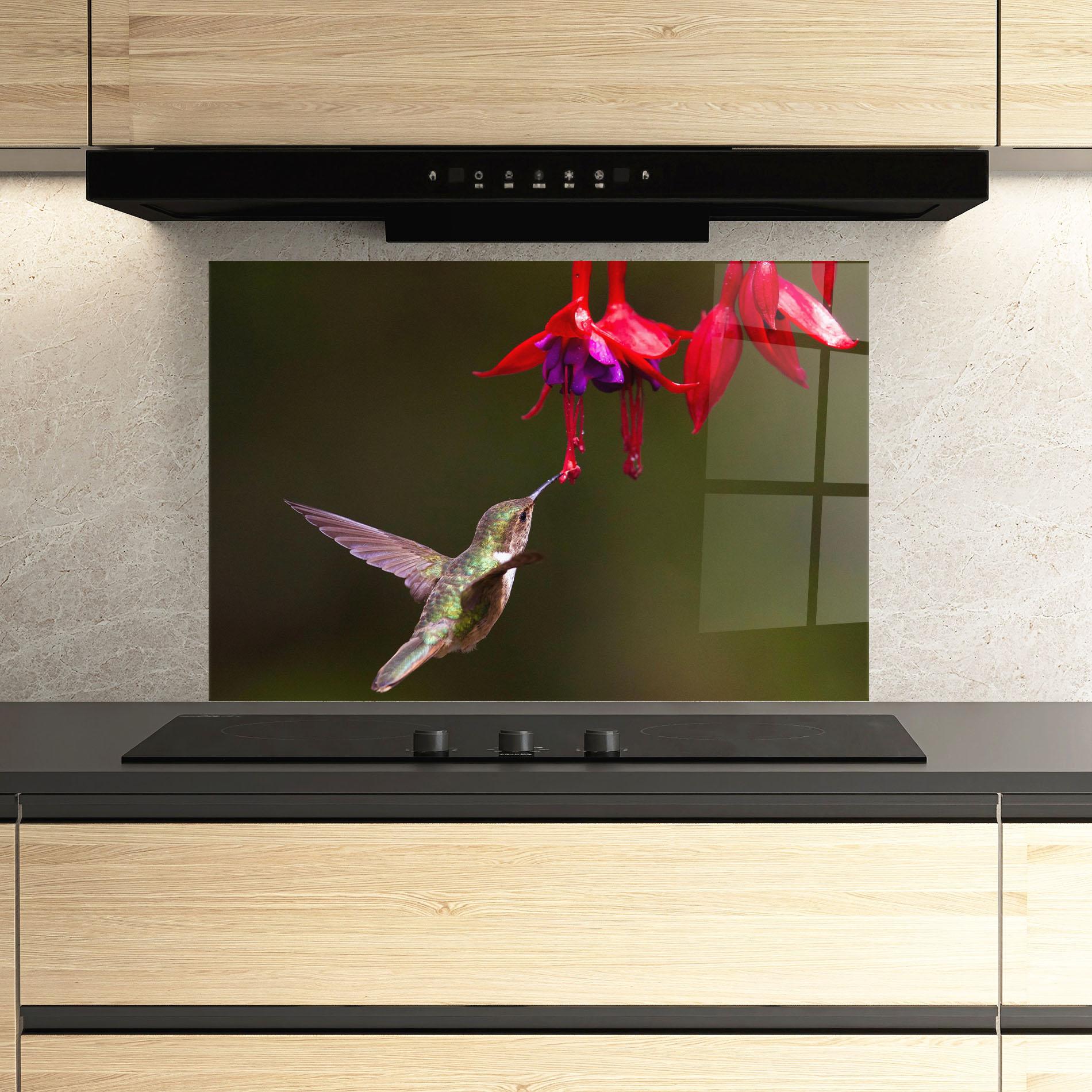 Küchenrückwand Glas Exotic Flower Bird mockup 3