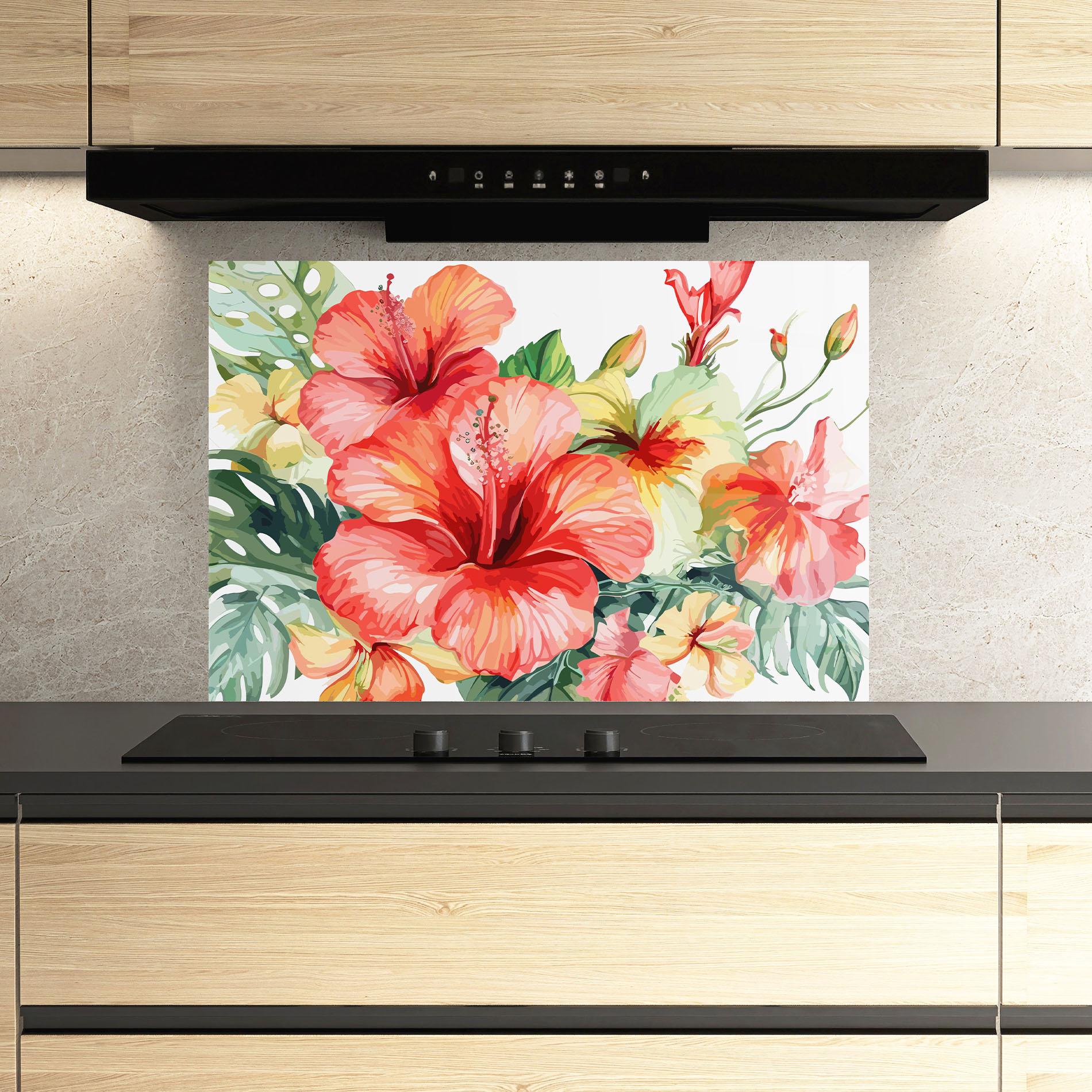 Küchenrückwand Glas Exotic Red Flower mockup 3