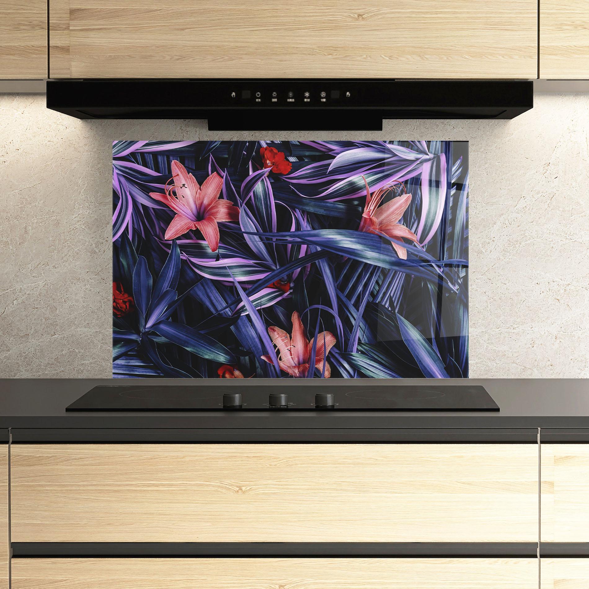 Küchenrückwand Glas Pink Purple Exotic mockup 3