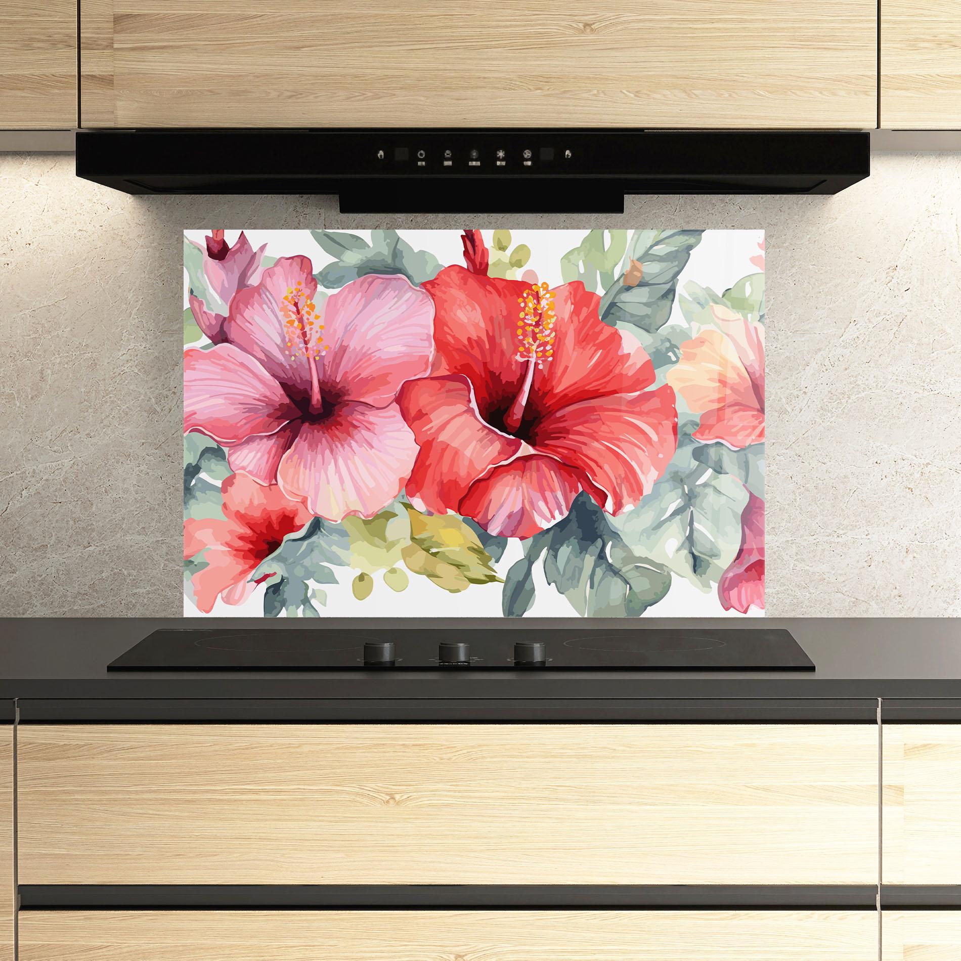 Küchenrückwand Glas Pink Red Exotic mockup 3