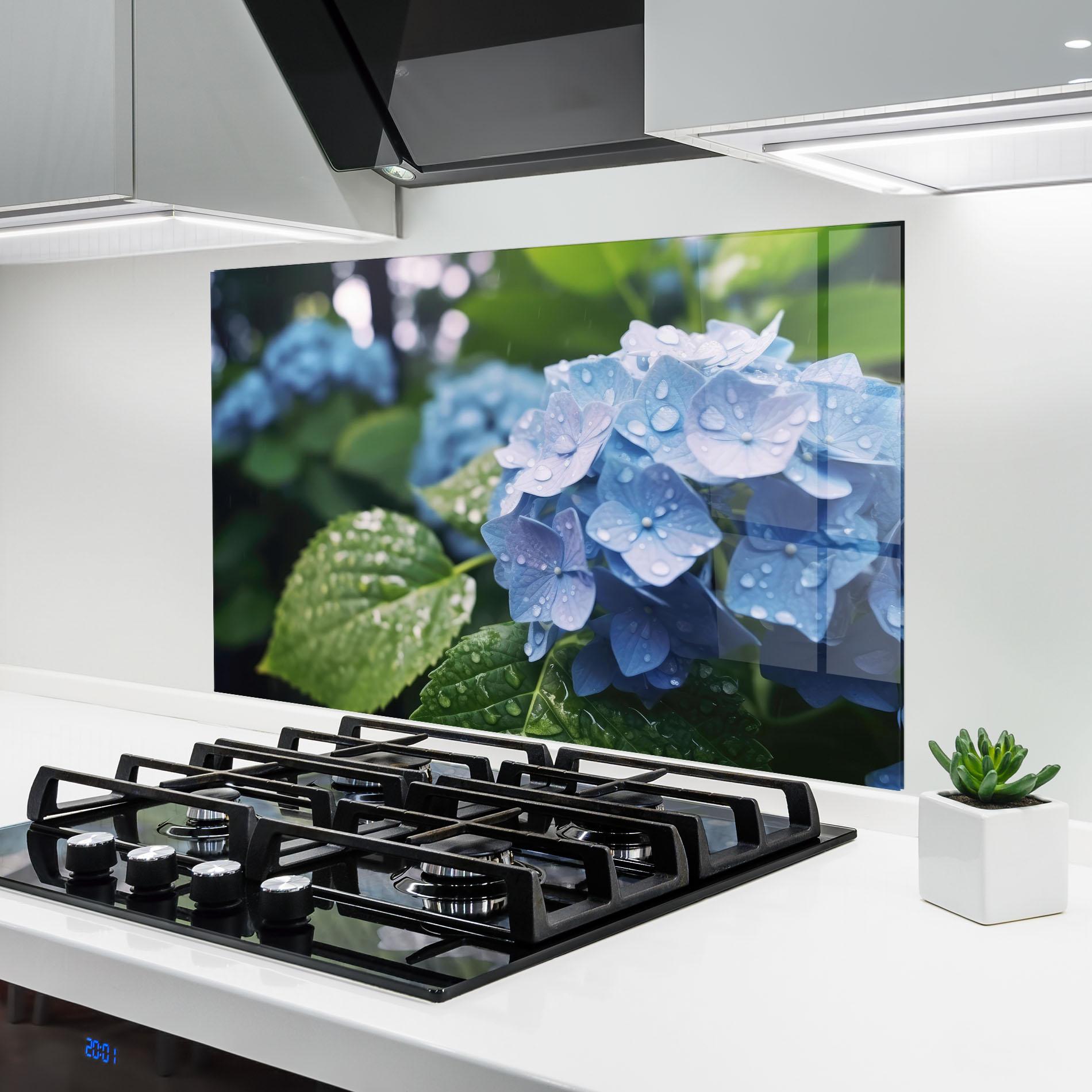 Küchenrückwand Glas Blue Rainy Exotic mockup 6