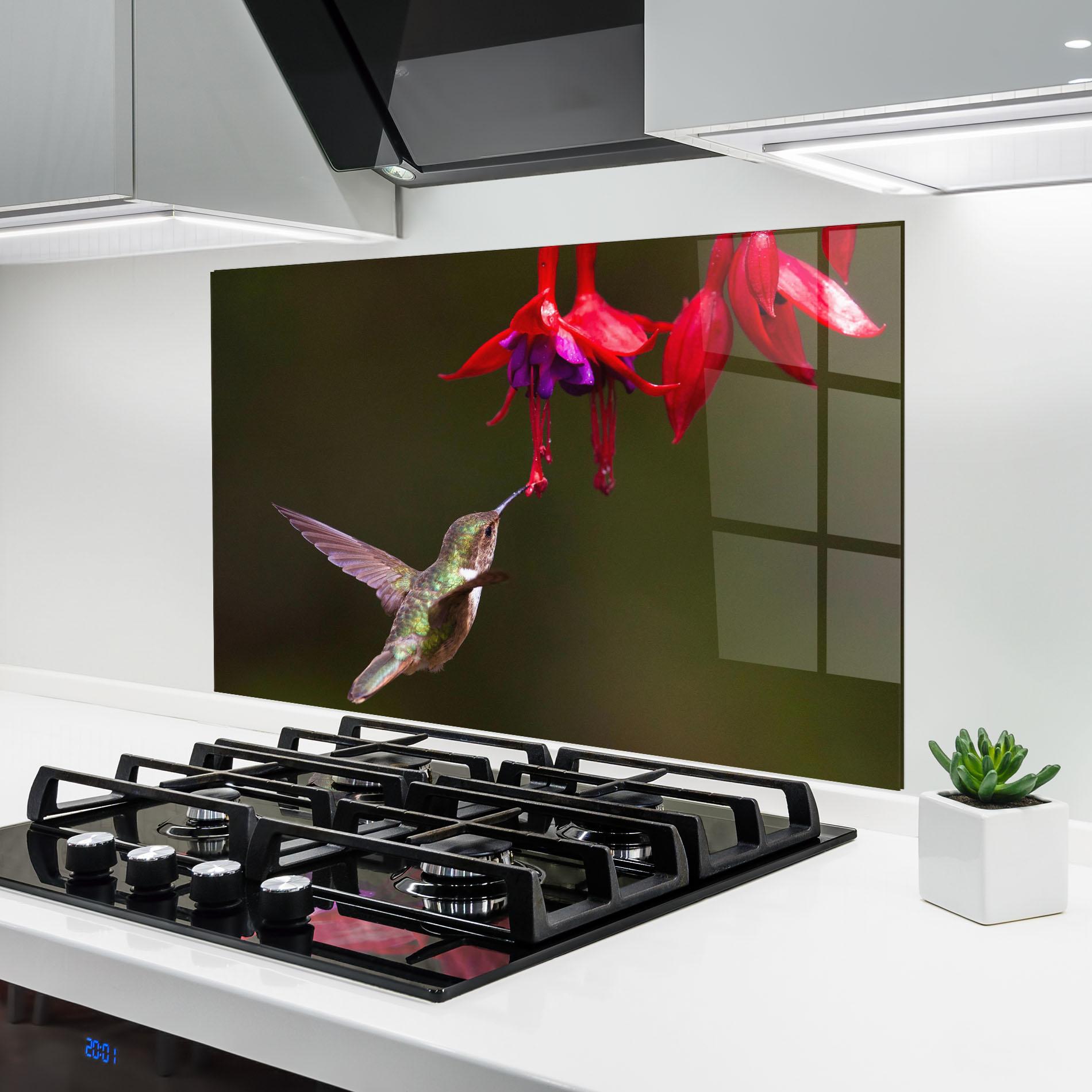 Küchenrückwand Glas Exotic Flower Bird mockup 6