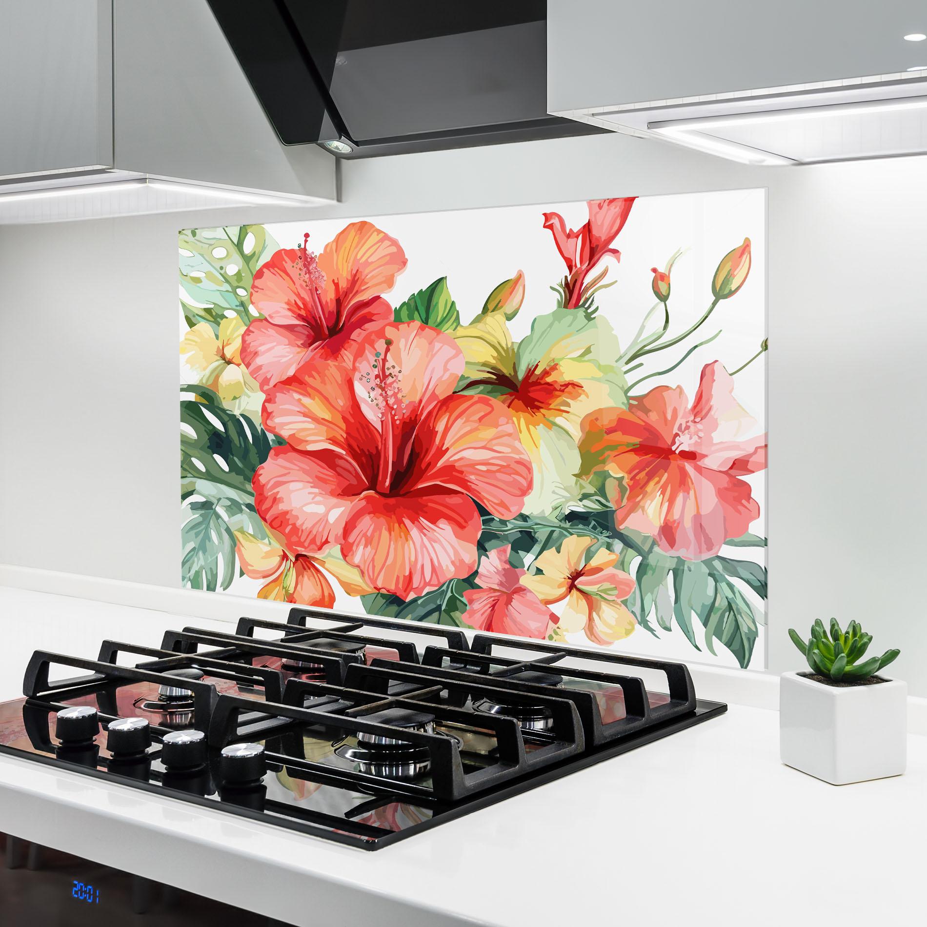 Küchenrückwand Glas Exotic Red Flower mockup 6