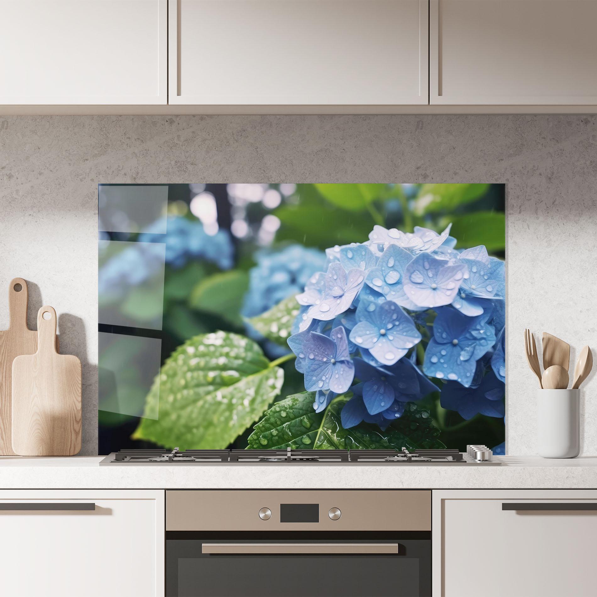 Küchenrückwand Glas Blue Rainy Exotic mockup 7